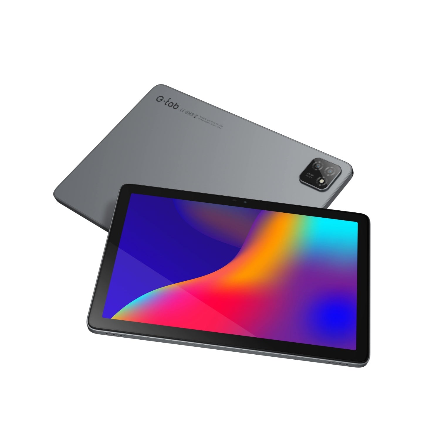 Zwei Tablets, eins auf dem anderen. Das obere ist grau. Das untere zeigt einen farbenfrohen Bildschirm.