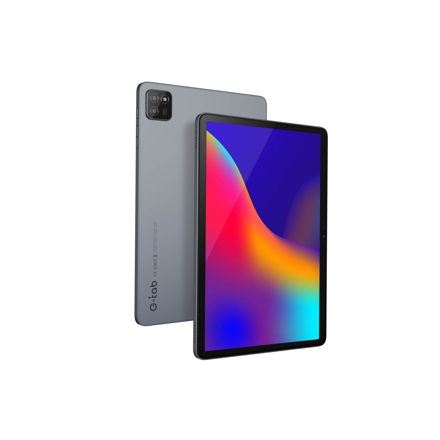 Graues Tablet auf der Seite mit einem Bildschirm, der Farben anzeigt, und die Kameraseite sichtbar.