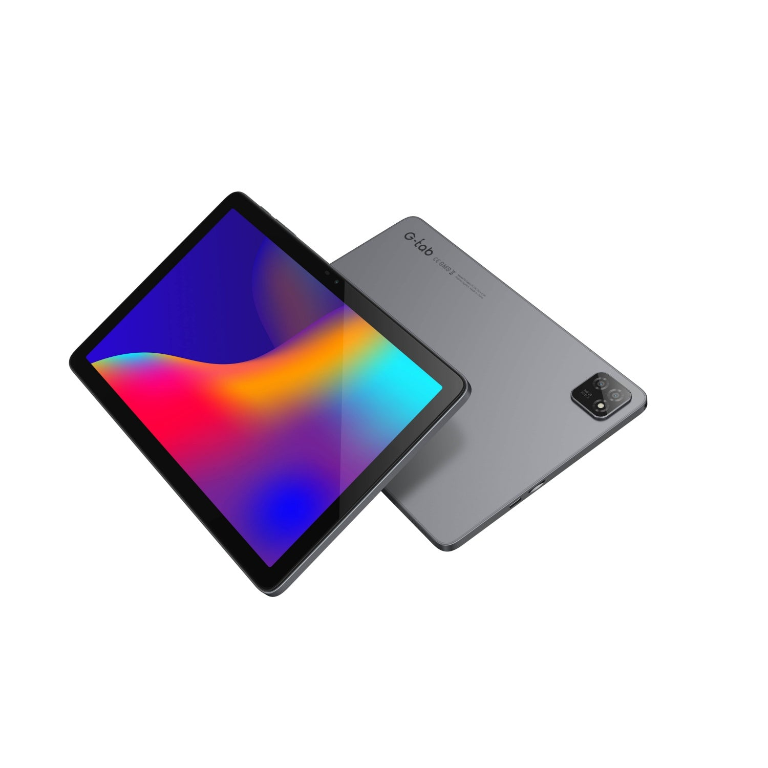 Ein Tablet mit farbenfrohem Bildschirm, grauer Rückseite und Kamera. Das Tablet ist angewinkelt.
