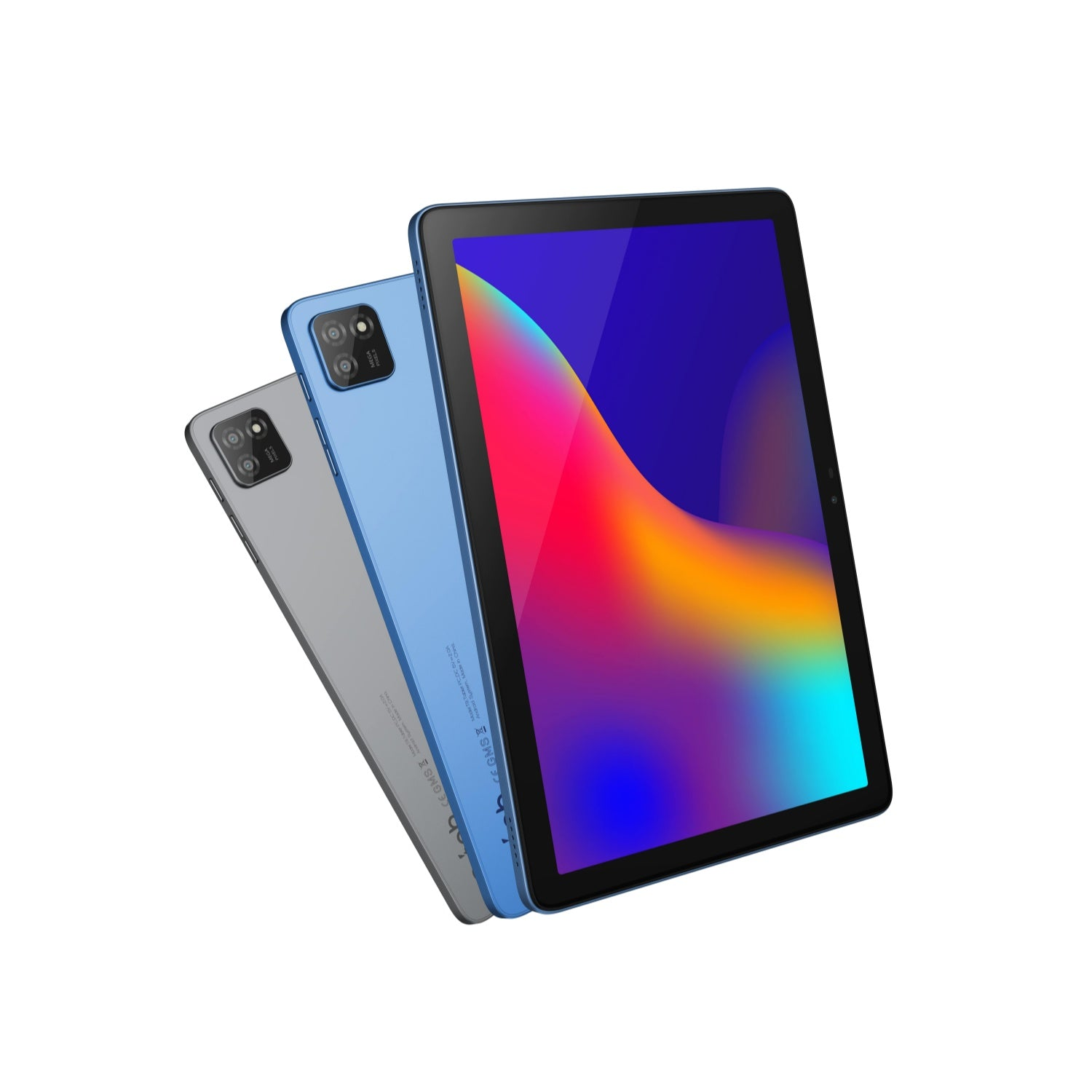 Drei Tablets, eines mit Bildschirm und zwei mit sichtbaren Rückseiten. Tablets sind grau und blau.
