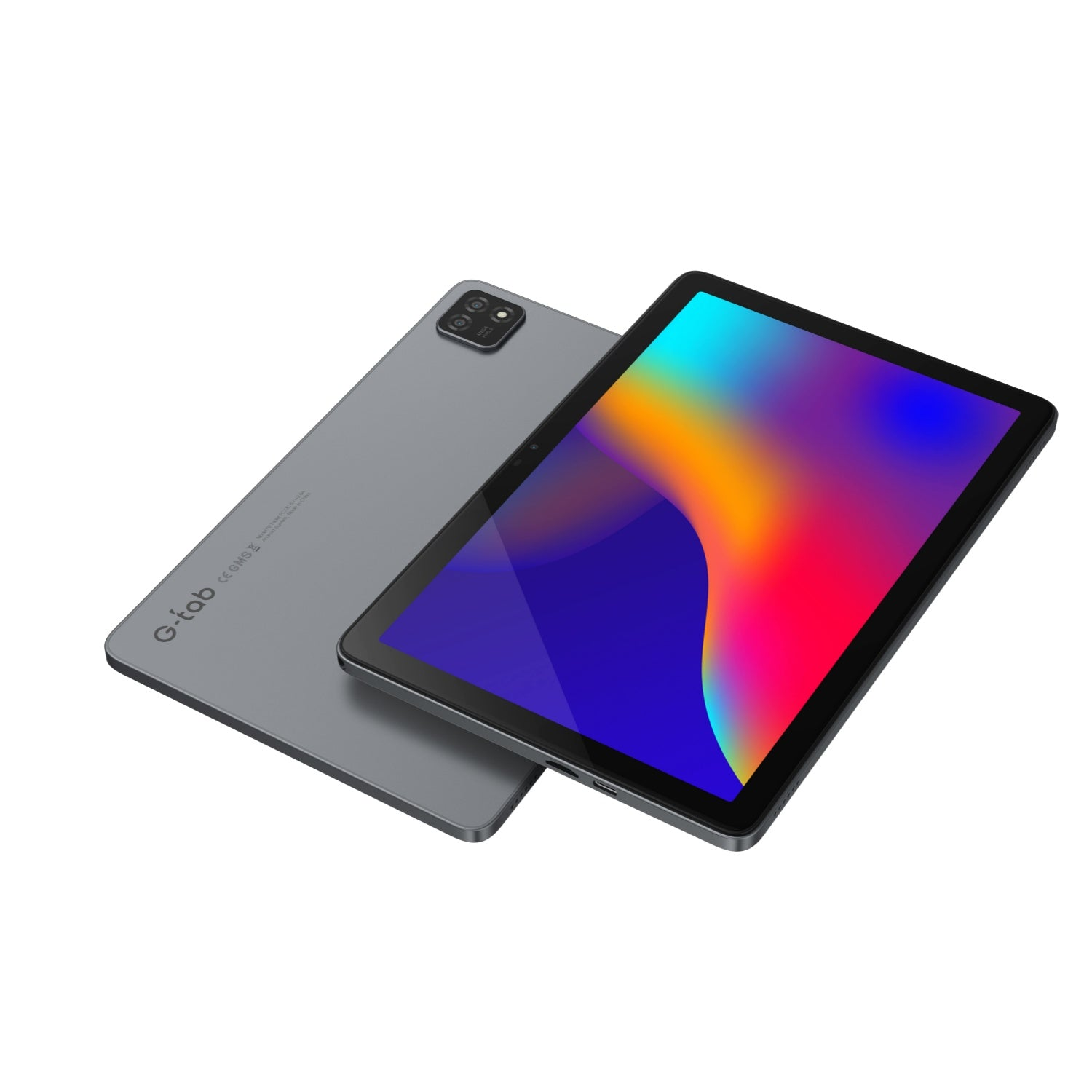 Zwei Tablets, eines grau und eines mit farbenfrohem Display, aufeinandergestapelt. Weißer Hintergrund.