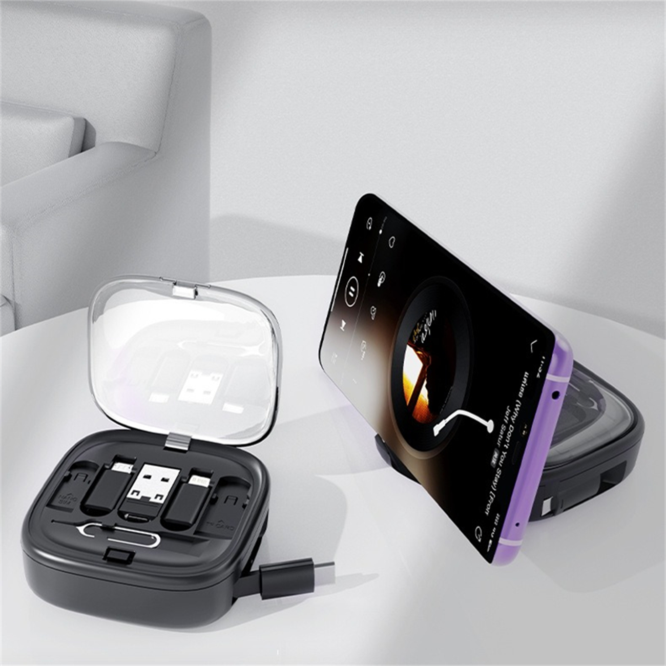 Ein schwarzes, tragbares Speichergerät mit USB-C- und USB-Anschlüssen. Ein Telefon ist daneben aufgestellt.