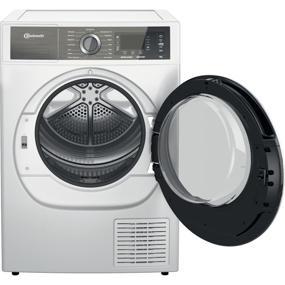 Eine weiße Waschmaschine. Die Tür ist geöffnet. Auf der Vorderseite befinden sich Knöpfe und ein Display.