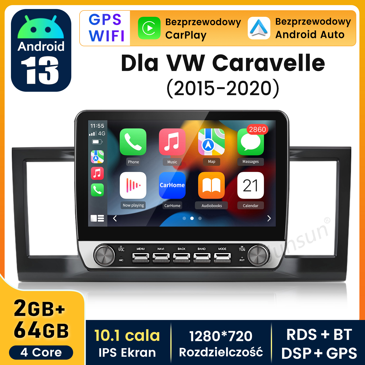 Radio samochodowe do VW Caravelle, z GPS, WiFi, CarPlay i Android Auto.