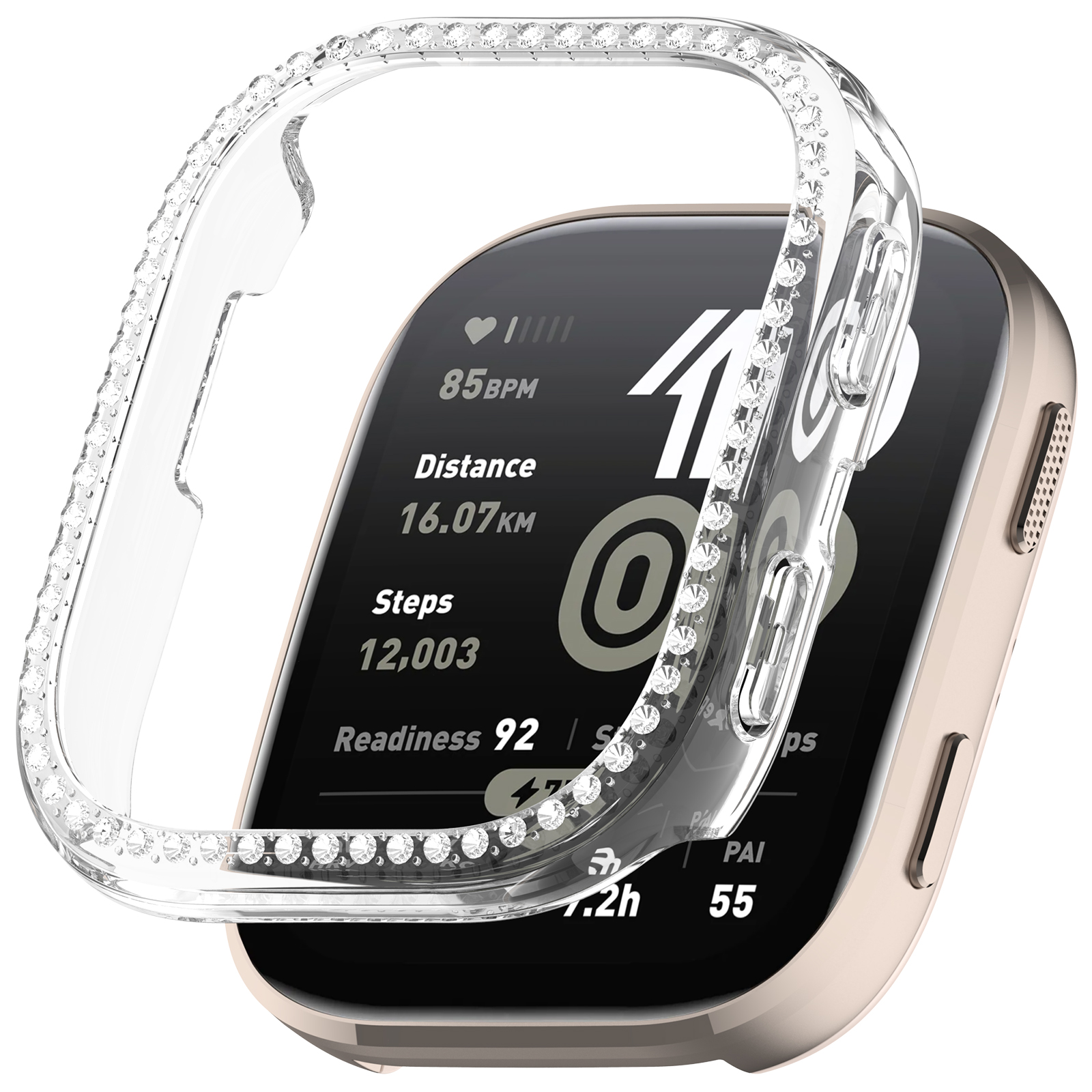Smartwatch con cassa in diamanti. Il display mostra statistiche e ora.