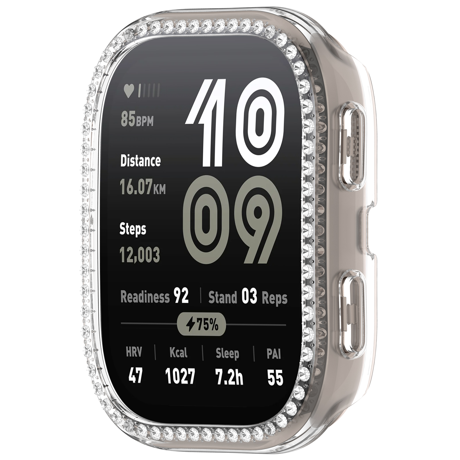 Schermo smartwatch che mostra statistiche, racchiuso in una cover trasparente con strass. Numeri e dati visibili.