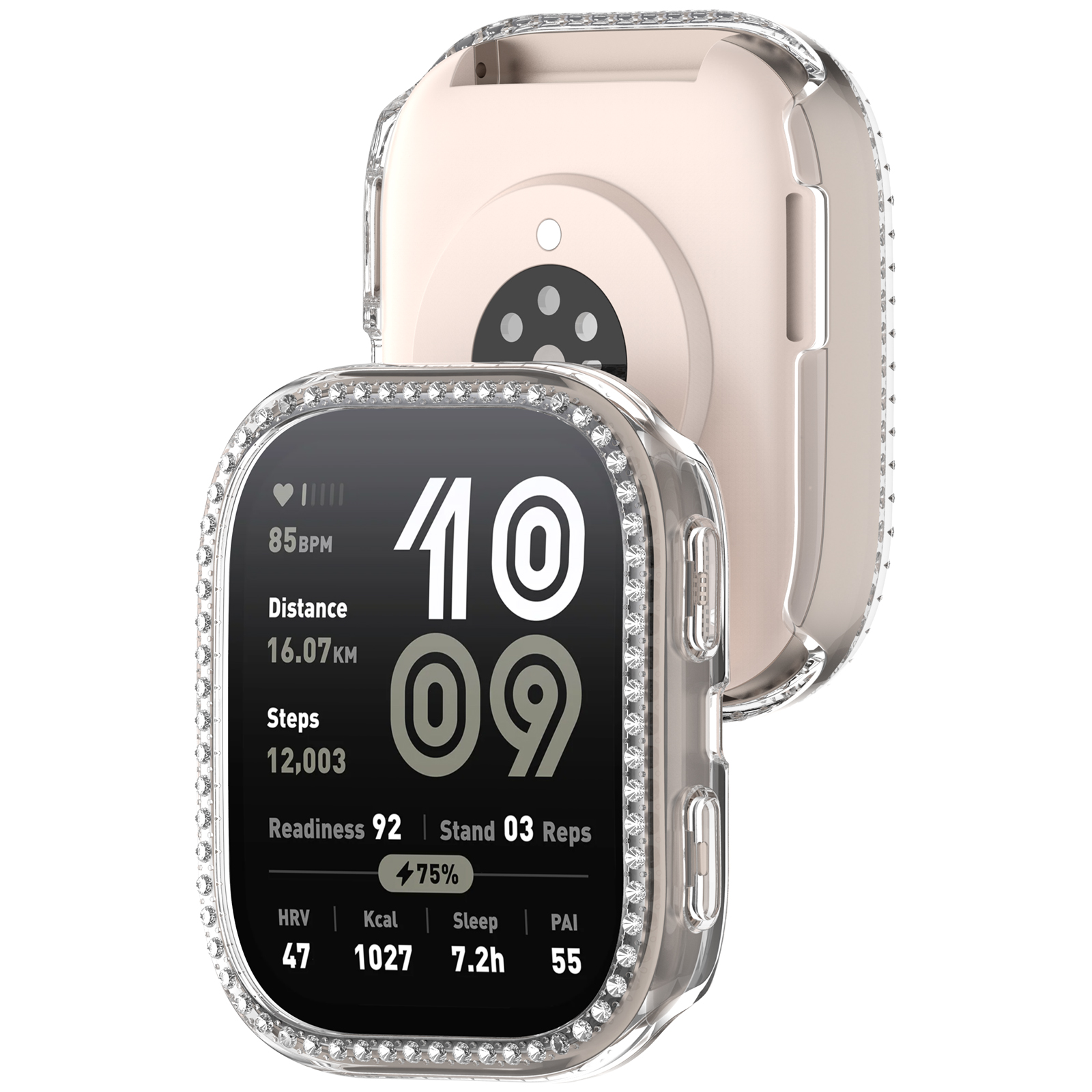 Uno smartwatch in una custodia protettiva, che mostra uno schermo digitale, isolato su bianco.