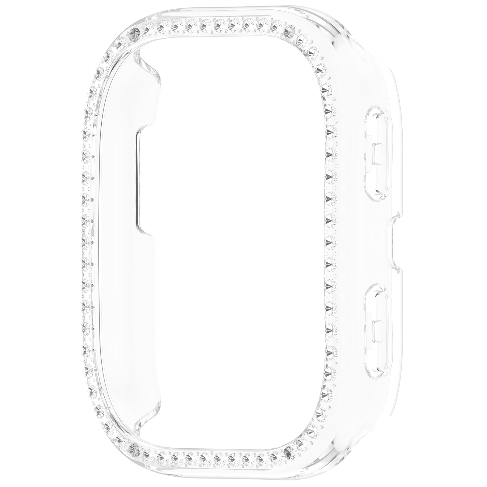 Custodia trasparente per Apple Watch con diamanti sui bordi, sfondo bianco.