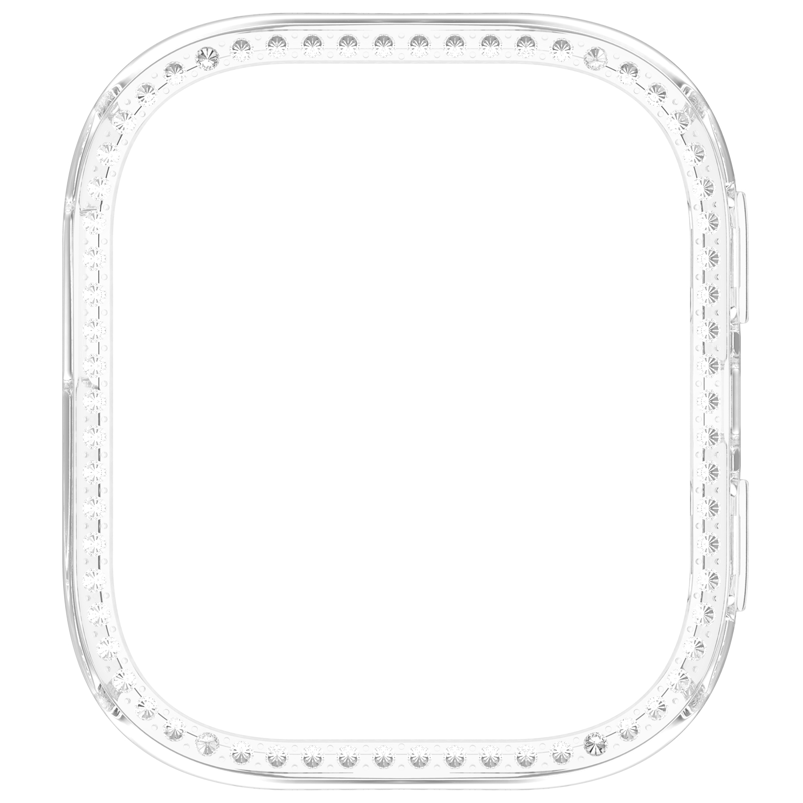 Cornice trasparente per cassa smartwatch con strass su sfondo bianco. Centro aperto per il quadrante.