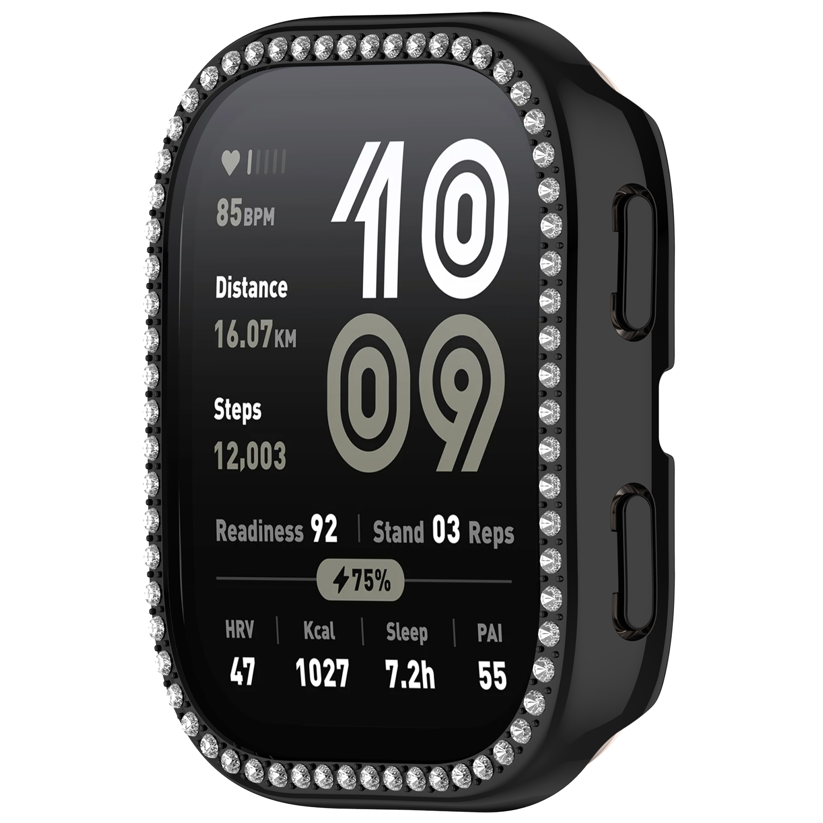 Smartwatch-Bildschirm mit Statistiken, umhüllt von einer schwarzen, strassbesetzten Hülle. Zahlen und Daten.