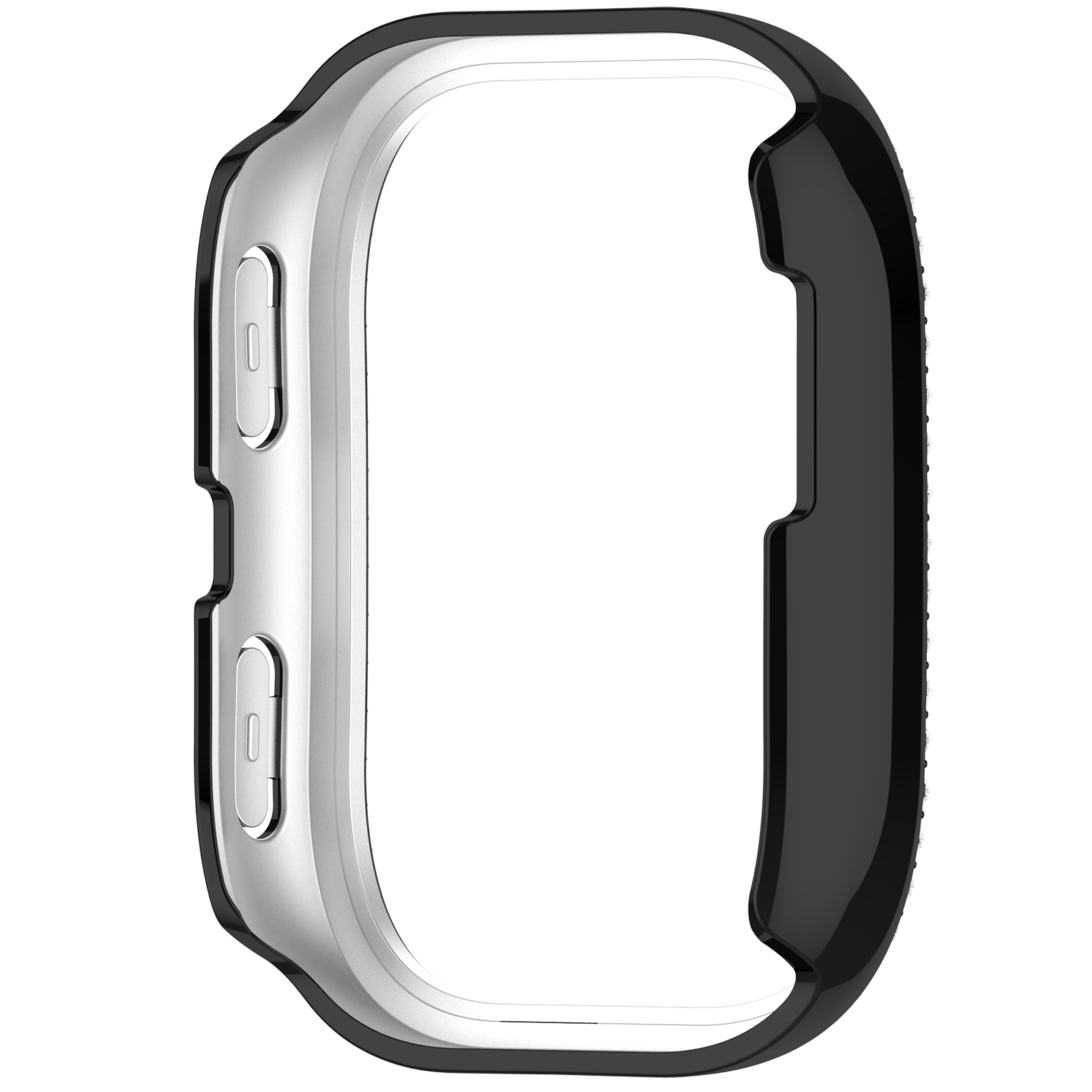 Ein schwarzer und silberner Smartwatch-Rahmen. Der Rahmen hat Knöpfe an der Seite.