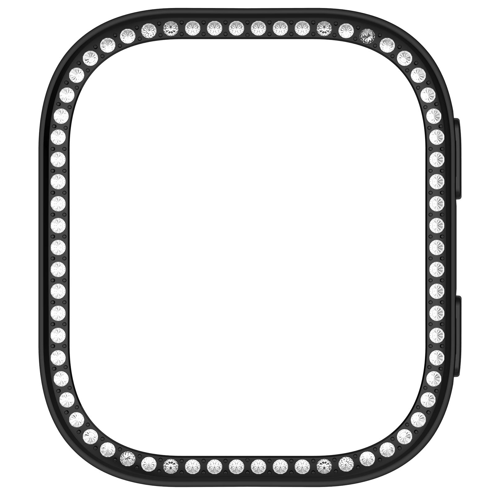 Schwarzes Apple Watch-Gehäuse mit einem Rand aus kleinen, runden, silberfarbenen Edelsteinen.