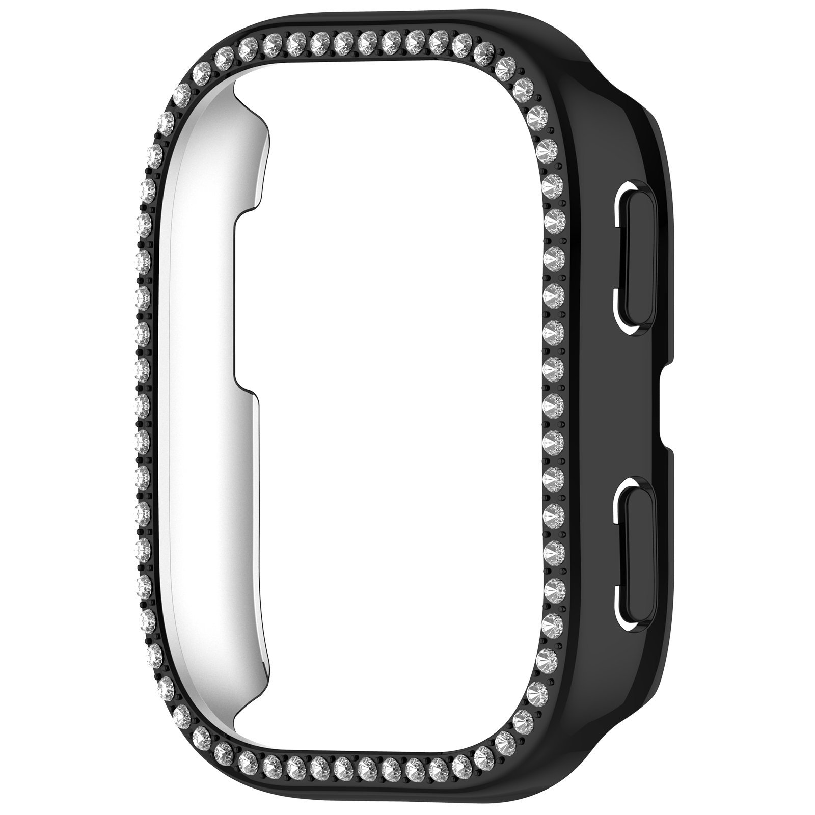 Schwarzer, strassbesetzter Smartwatch-Gehäuserahmen auf weißem Hintergrund. Offene Mitte für das Zifferblatt.