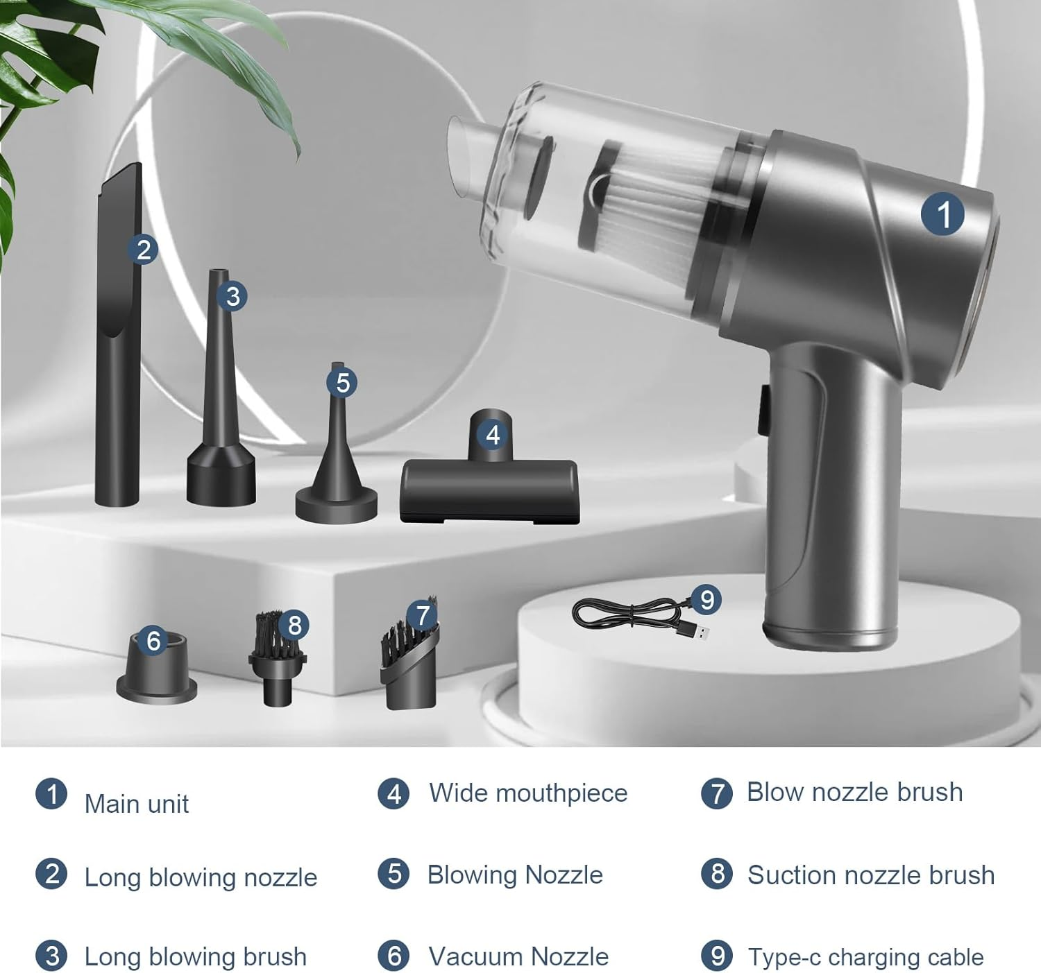 Staubsaugerteile und Beschriftungen.