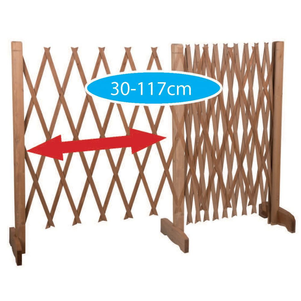 Wooden expanding fence with a blue text box indicating a length of 30-117cm, with an arrow.