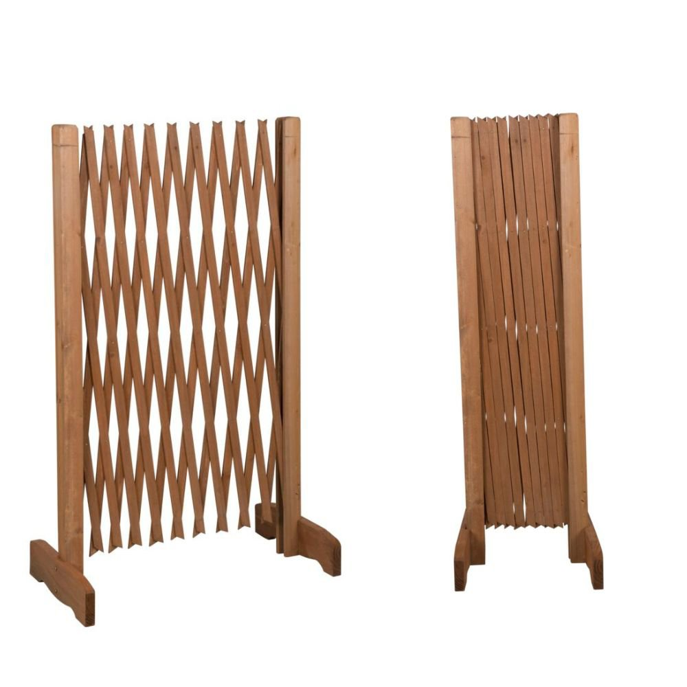 Wooden expanding gate, brown, diamond pattern, in a closed, concertina-style configuration on white background.