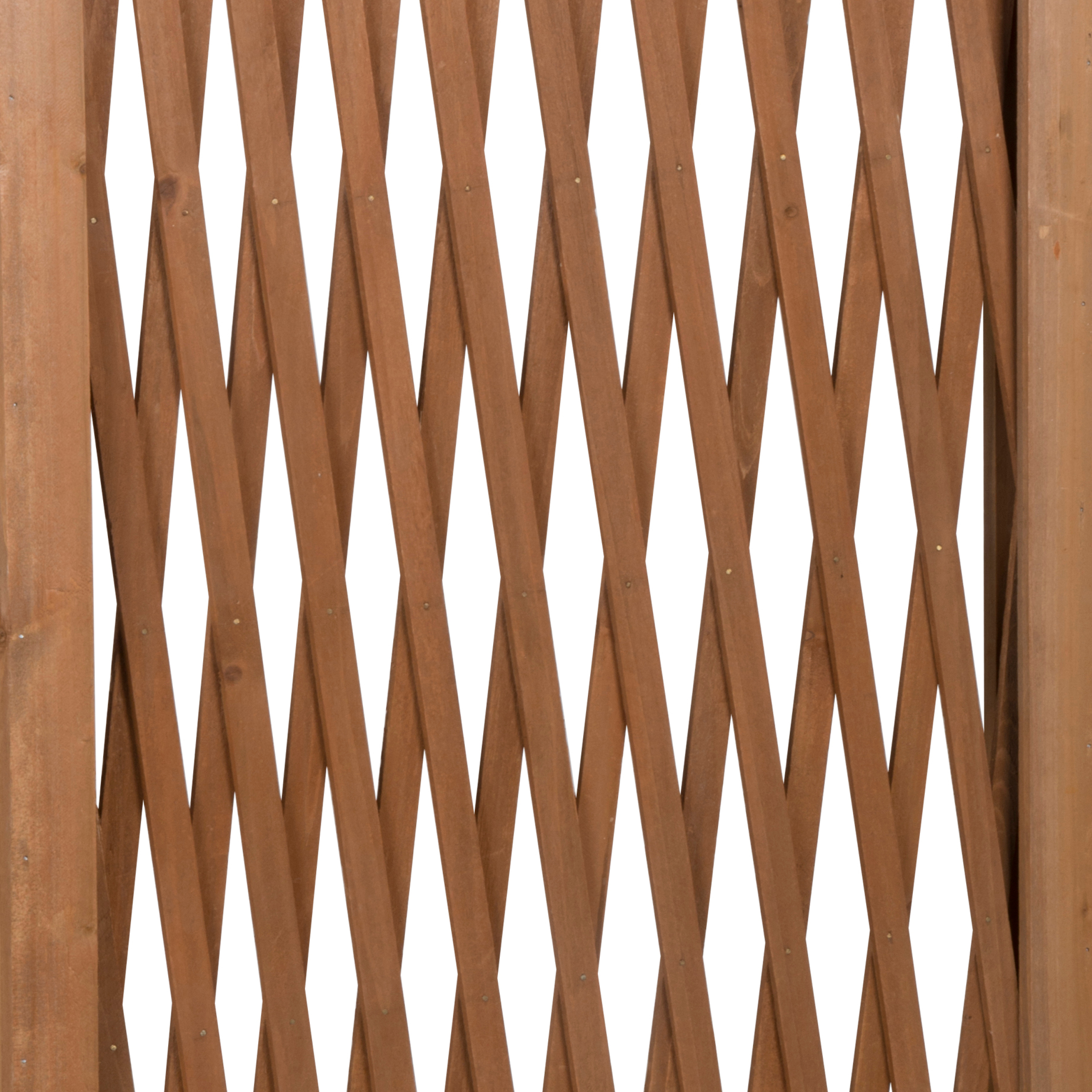 Close-up of a wooden decorative fence with a crisscross pattern, on a white background.