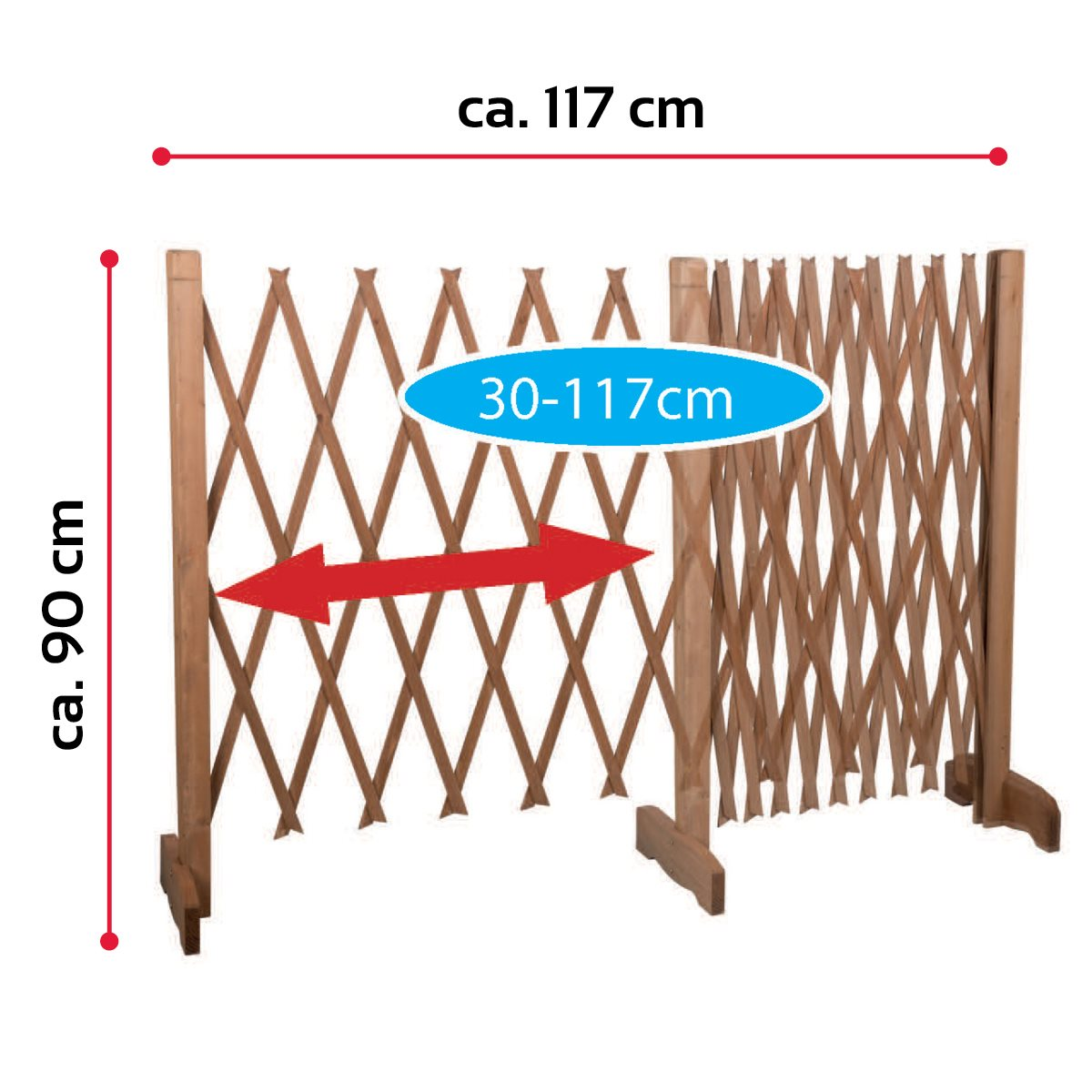 Brown wooden folding fence with dimensions labeled: 90 cm high, 30-117 cm wide, on a white background.