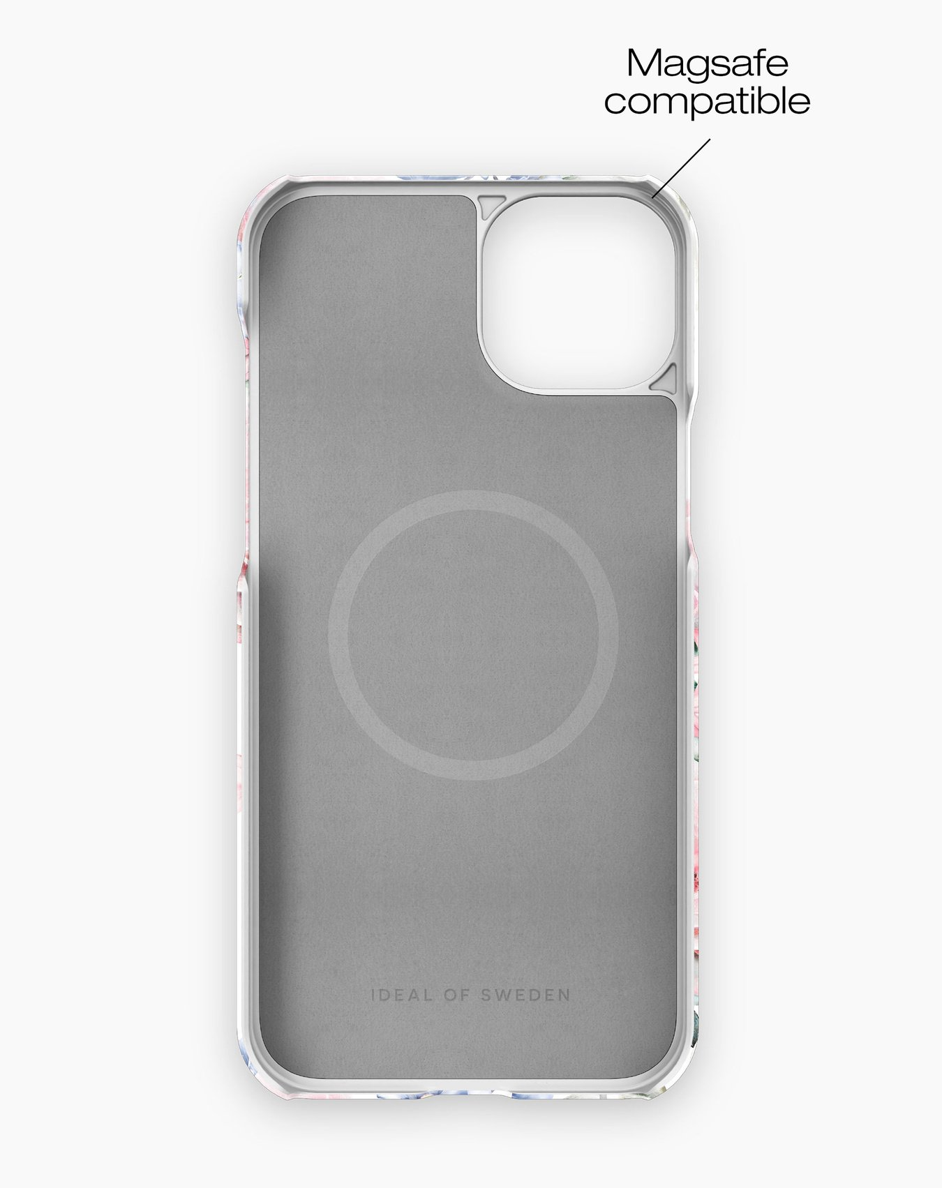 Telefongehäuseinnenseite mit floralem Design. Es hat einen kreisförmigen Magneten und den Text: Ideal of Sweden.