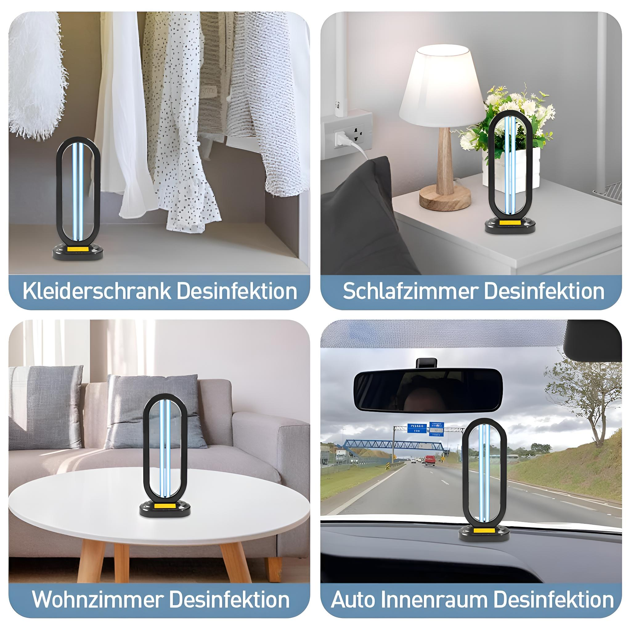 UV-Sterilisator in vier verschiedenen Umgebungen: Schrank, Schlafzimmer, Wohnzimmer und Autoinnenraum.