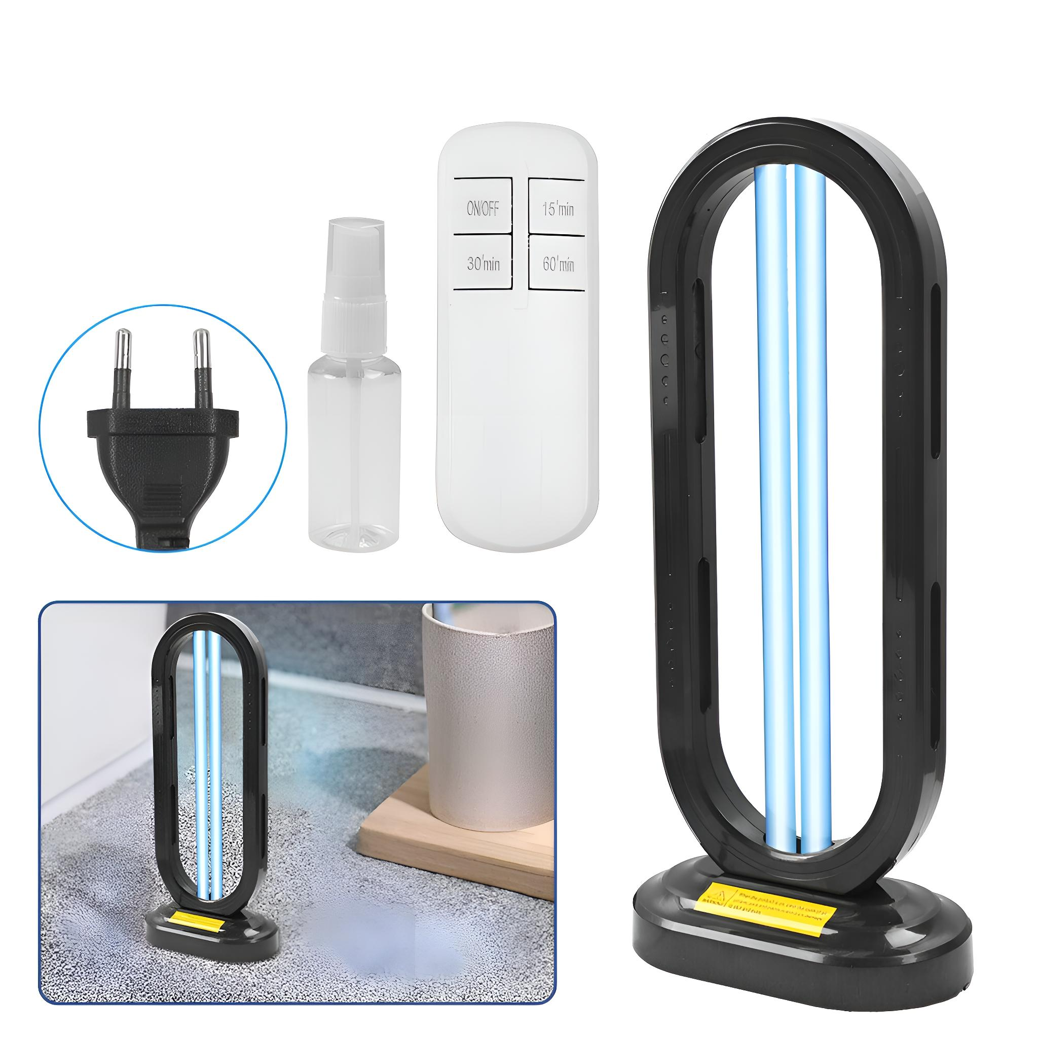 UV-Lichtsterilisator, Fernbedienung und Sprühflasche. Es ist auf einer Oberfläche mit blauem Licht.