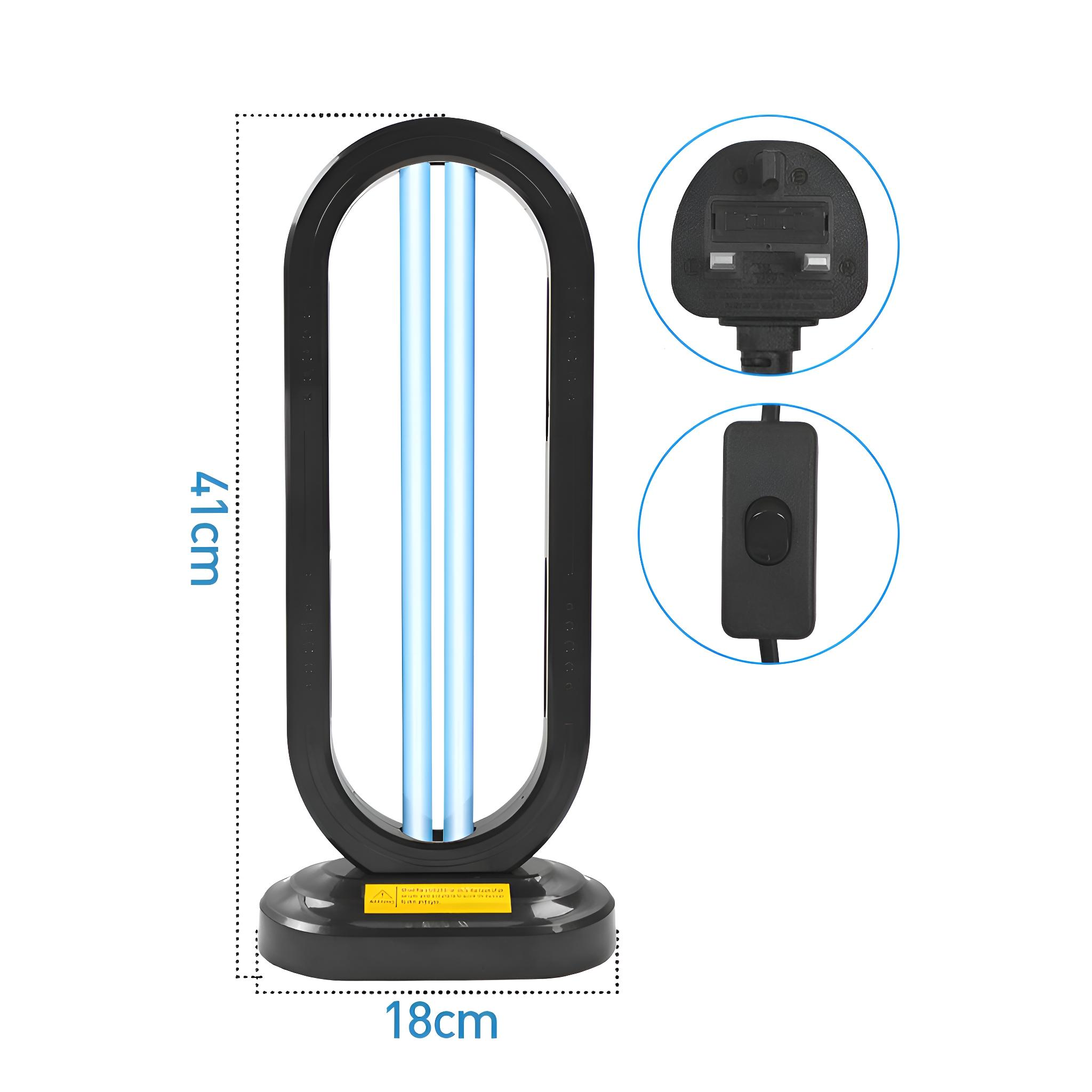 Ein UV-Luftreiniger mit Abmessungen und einem britischen Netzstecker, der Produktdetails zeigt.