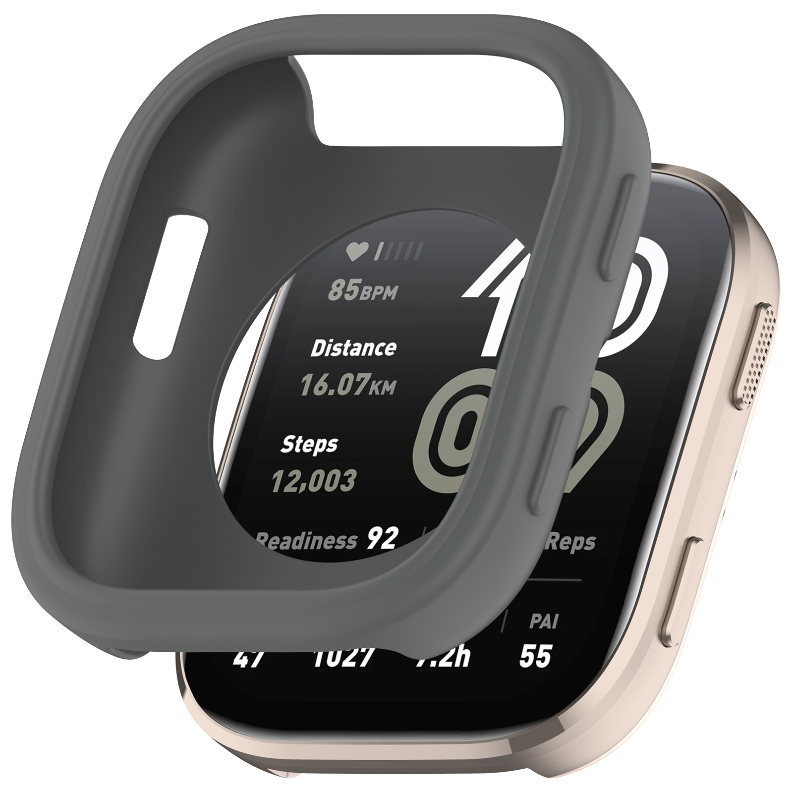 Smartwatch con schermo che mostra le statistiche. Una custodia protettiva grigia copre parzialmente l'orologio, mostrando i dettagli.