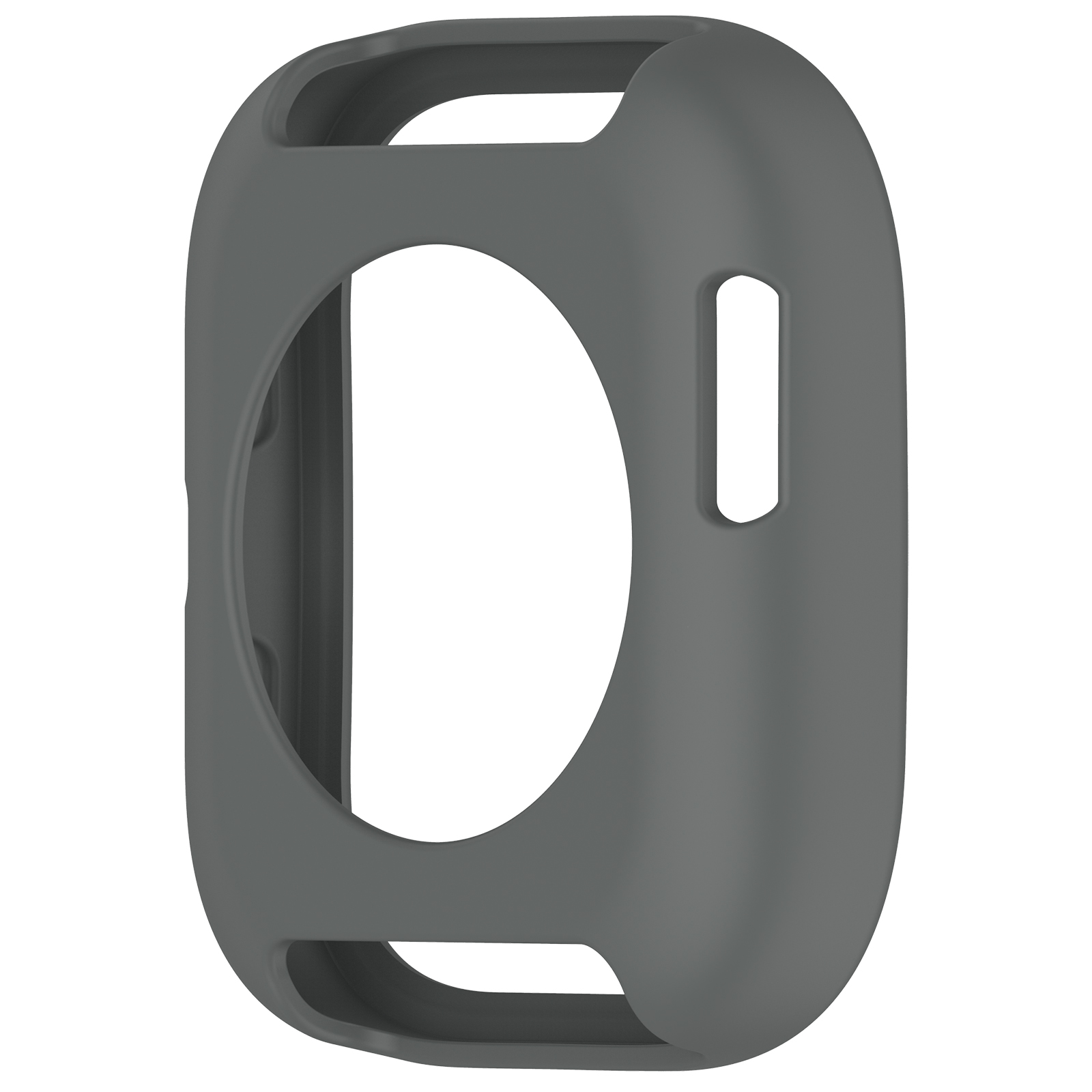 Custodia grigia per smartwatch. Ha un'apertura circolare al centro e aperture sui lati.