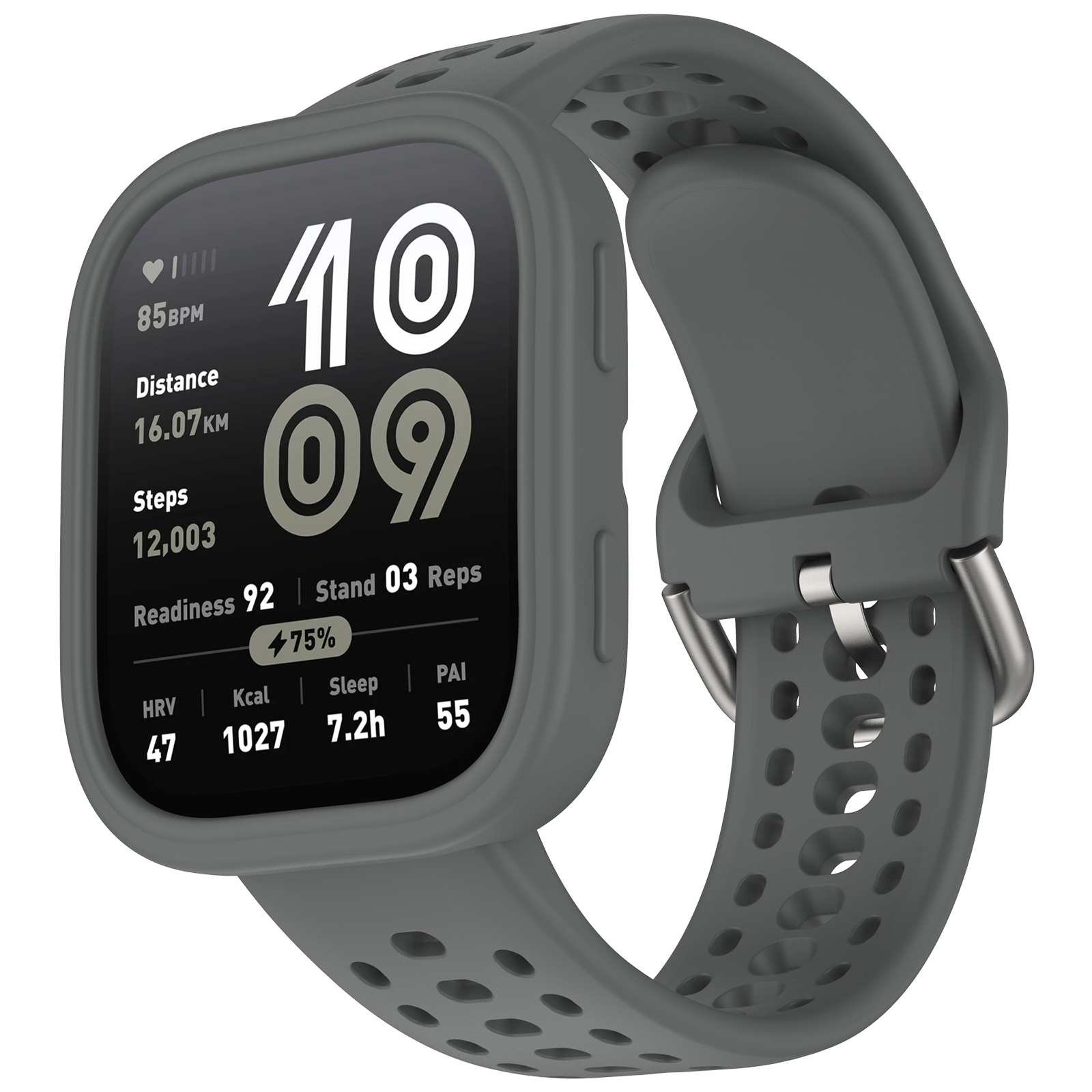 Smartwatch grigio con display che mostra le statistiche. L'orologio ha un cinturino grigio con fibbia.