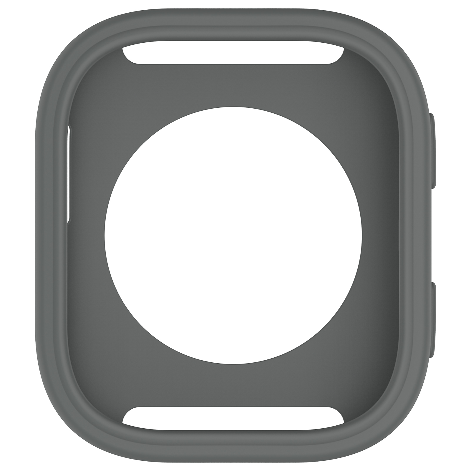 Custodia grigia per smartwatch. Ha un'apertura circolare al centro. Lo sfondo è bianco.