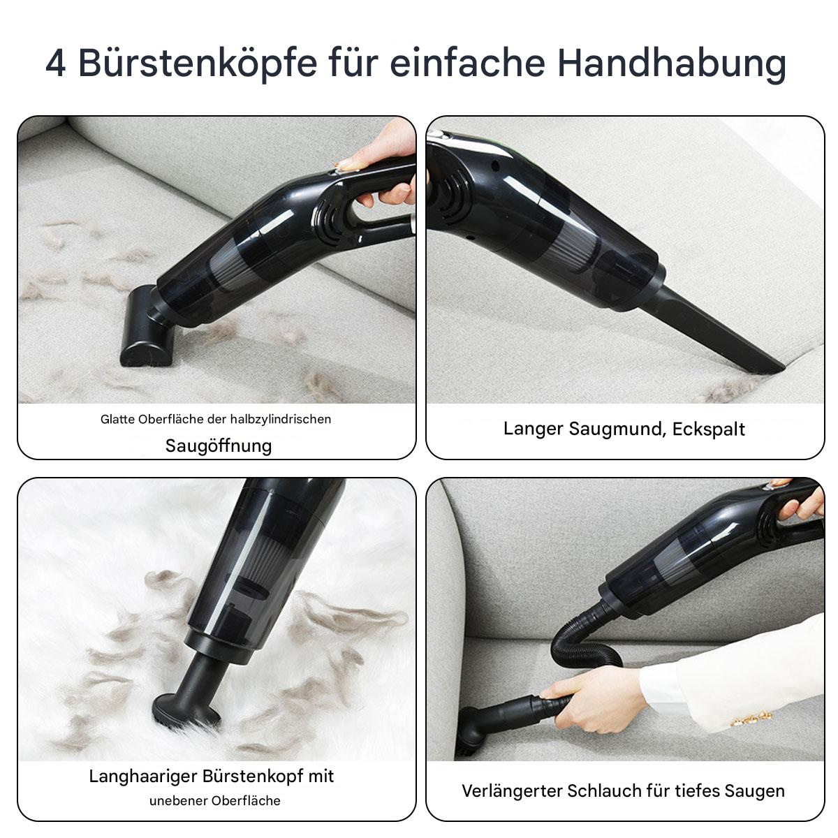 Staubsauger mit vier verschiedenen Aufsätzen. Merkmale: Reinigungskopf, Fugendüse und Bürste.