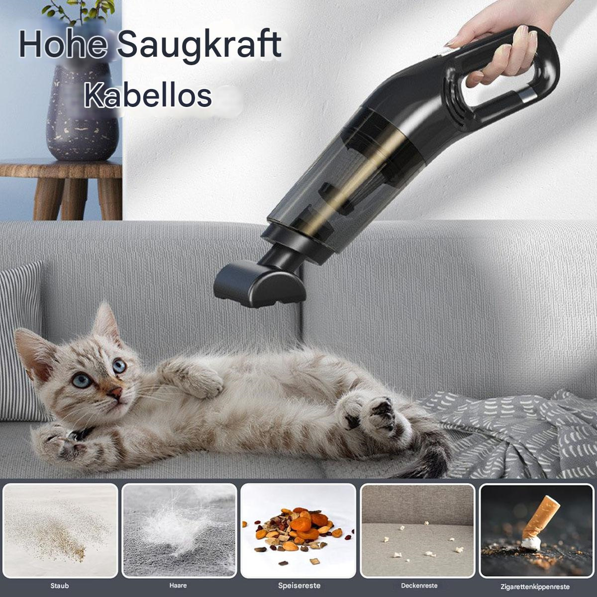 Eine Katze liegt auf einem Sofa mit einem Staubsauger. Zeigt Staub, Haare, Essensreste, Krümel und Zigarettenstummel.