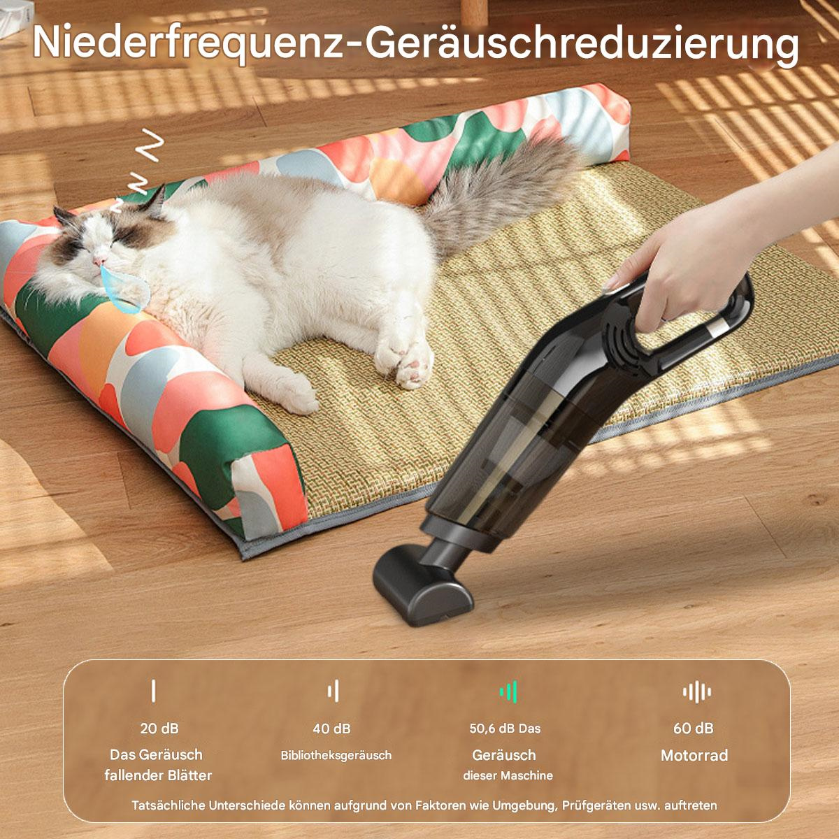 Katze ruht neben Staubsauger, darunter Geräuschpegelanzeigen.