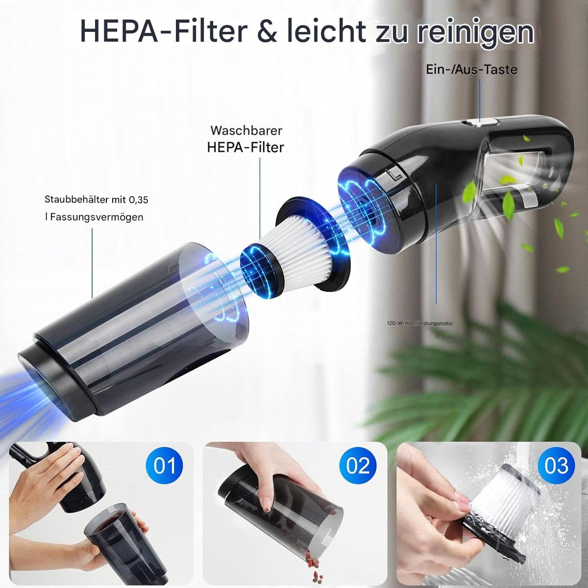 Diagramm, das einen Staubsauger zeigt, der zusammengebaut wird, mit Text, der Filter und andere Teile zeigt.