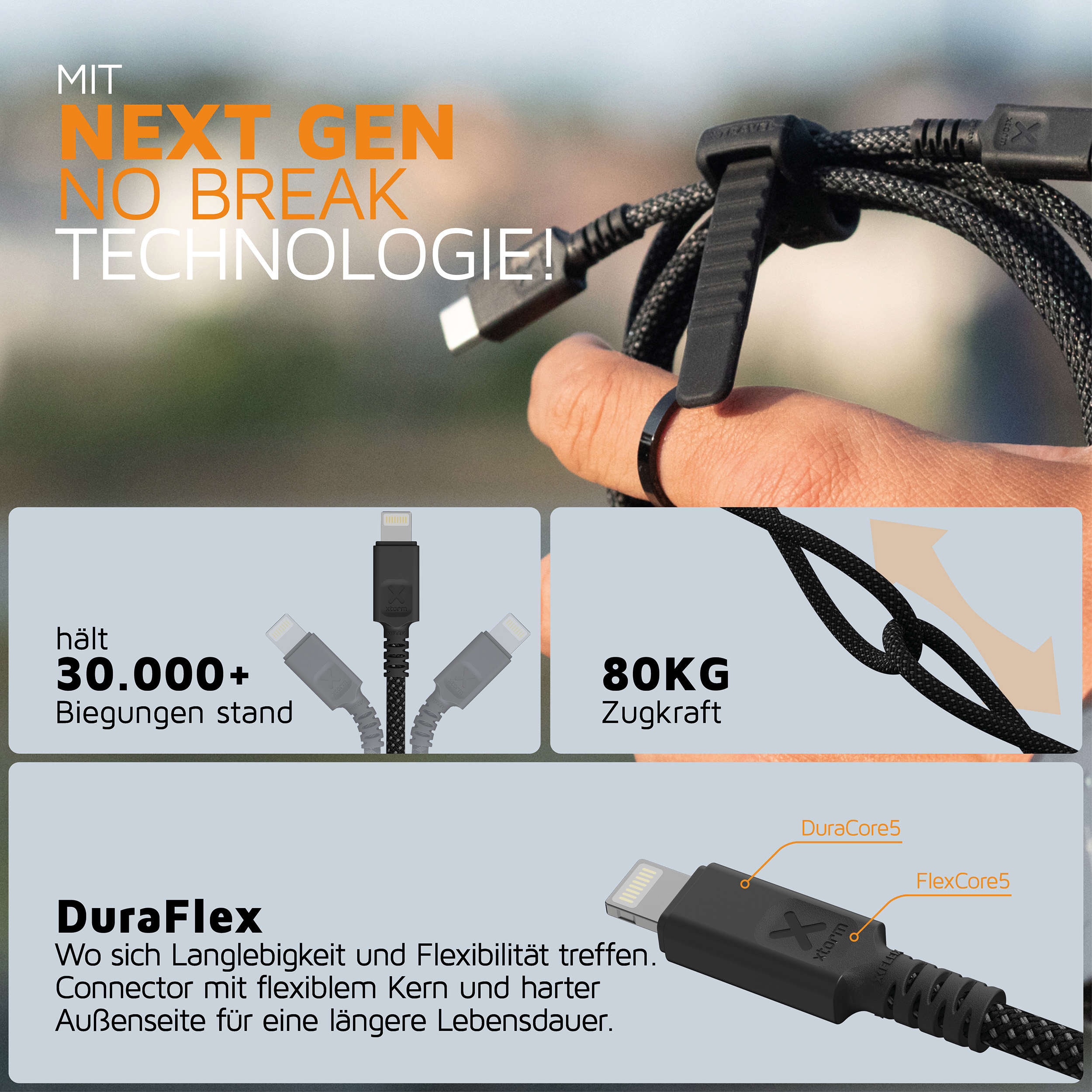 Câble de chargement noir avec âme flexible, démontrant la durabilité. Montre 30 000+ courbures et 80 kg de résistance.