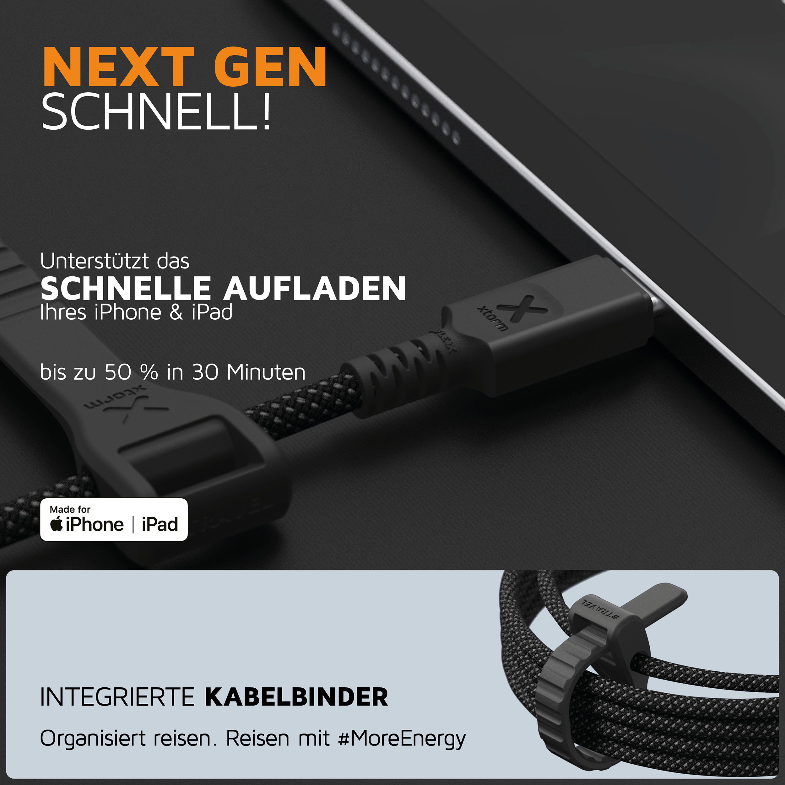 Câble avec connecteur, texte sur recharge rapide.