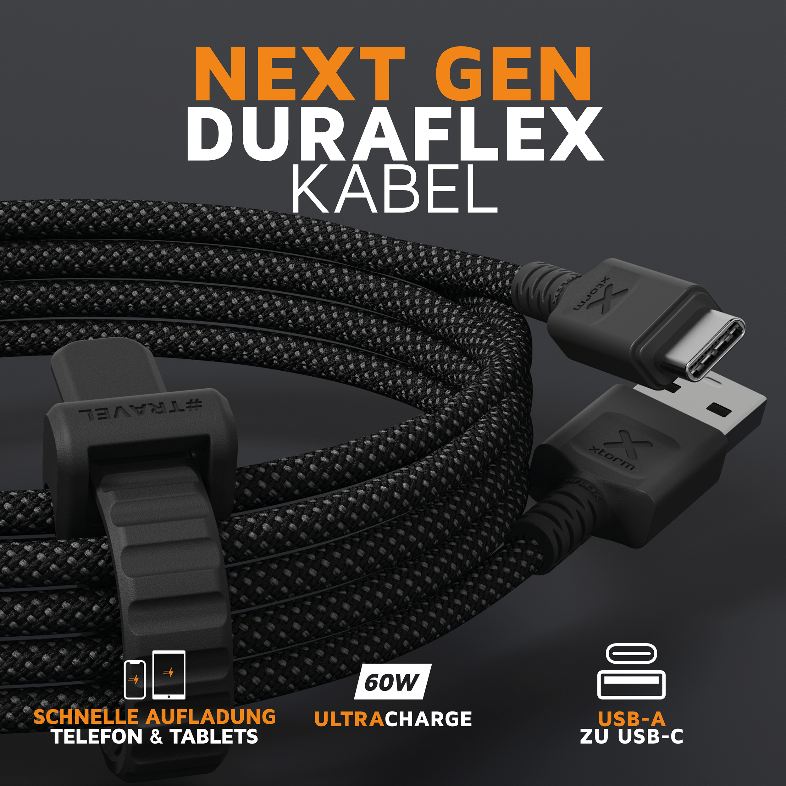 Schwarzes geflochtenes Ladekabel mit USB- und Lightning-Anschluss. Das Kabel wird von einem schwarzen Band gehalten.