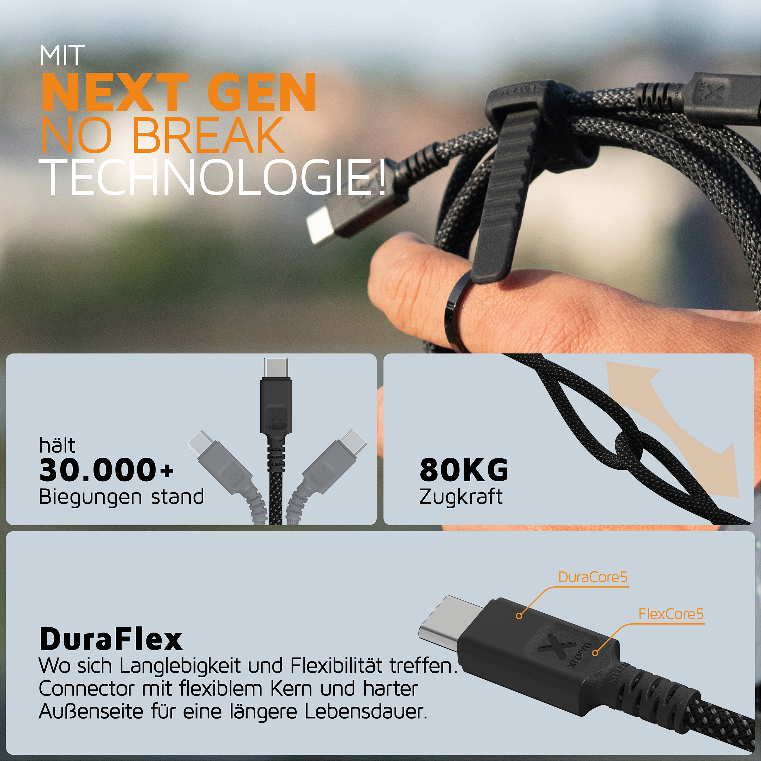 Schwarzes Ladekabel mit Anschluss. Details zeigen Zugkraft und Verbindung. Weißer Hintergrund.