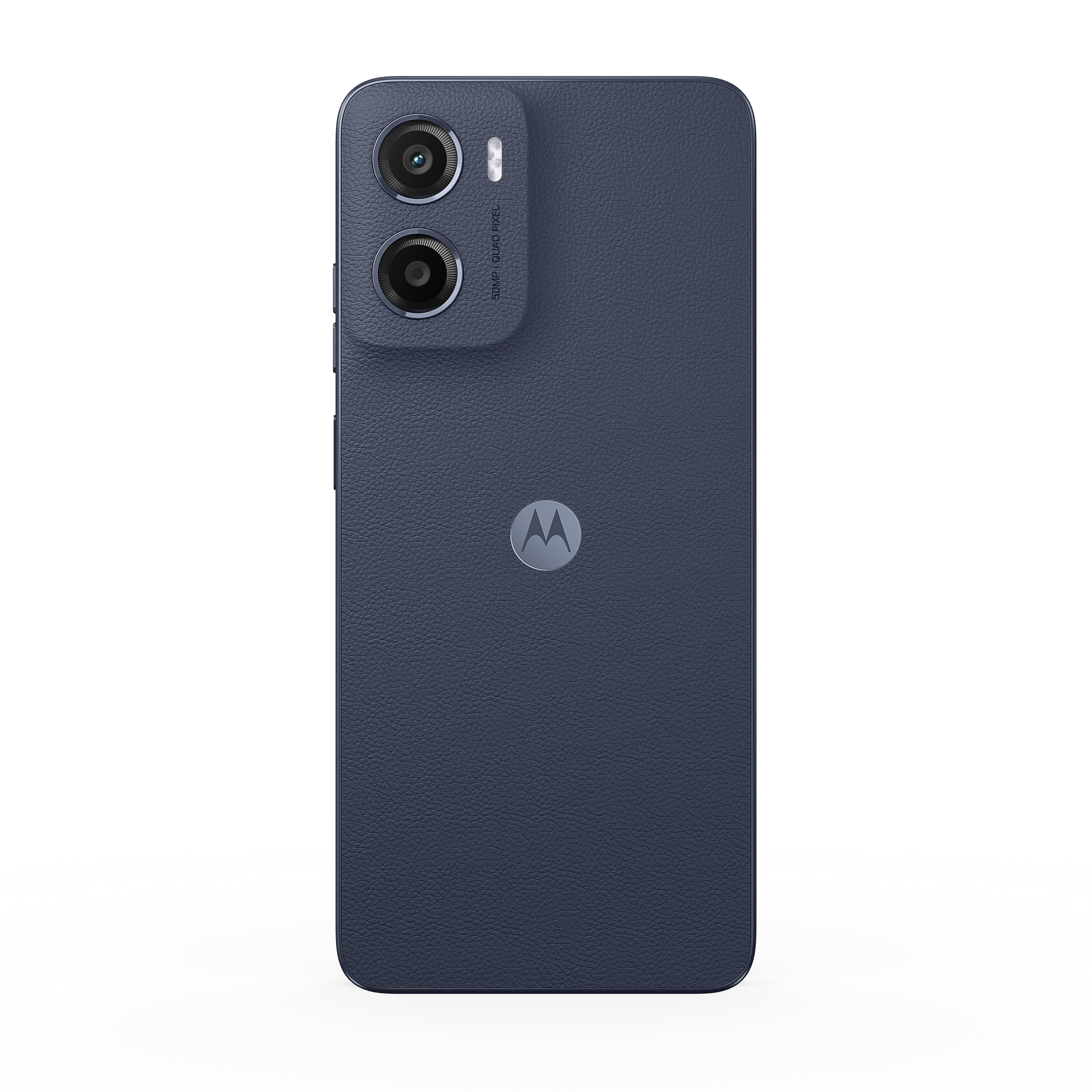 Tył ciemnoniebieskiego smartfona, z podwójnymi aparatami, logo Motorola i teksturowaną powierzchnią.