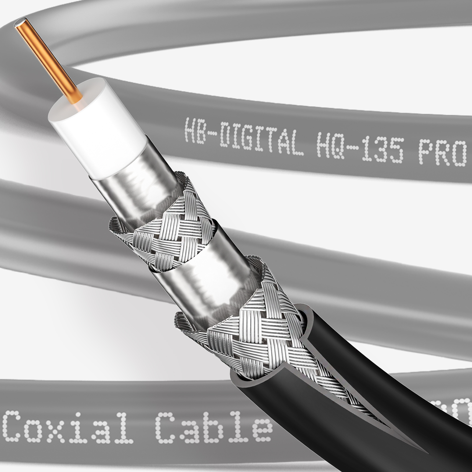 Nahaufnahme eines Koaxialkabels. Das Kabel ist schwarz mit sichtbaren Silber- und Kupferkomponenten.