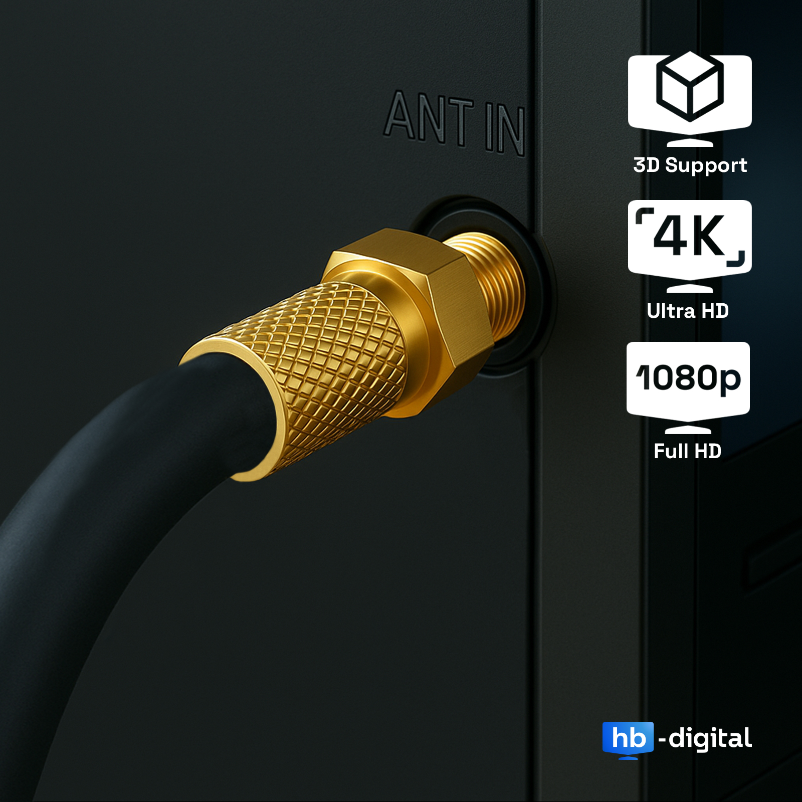 Goldfarbenes Antennenkabel, das an ein schwarzes Gerät angeschlossen ist. Mit 3D-Unterstützung, 4K Ultra HD und 1080p Full HD.