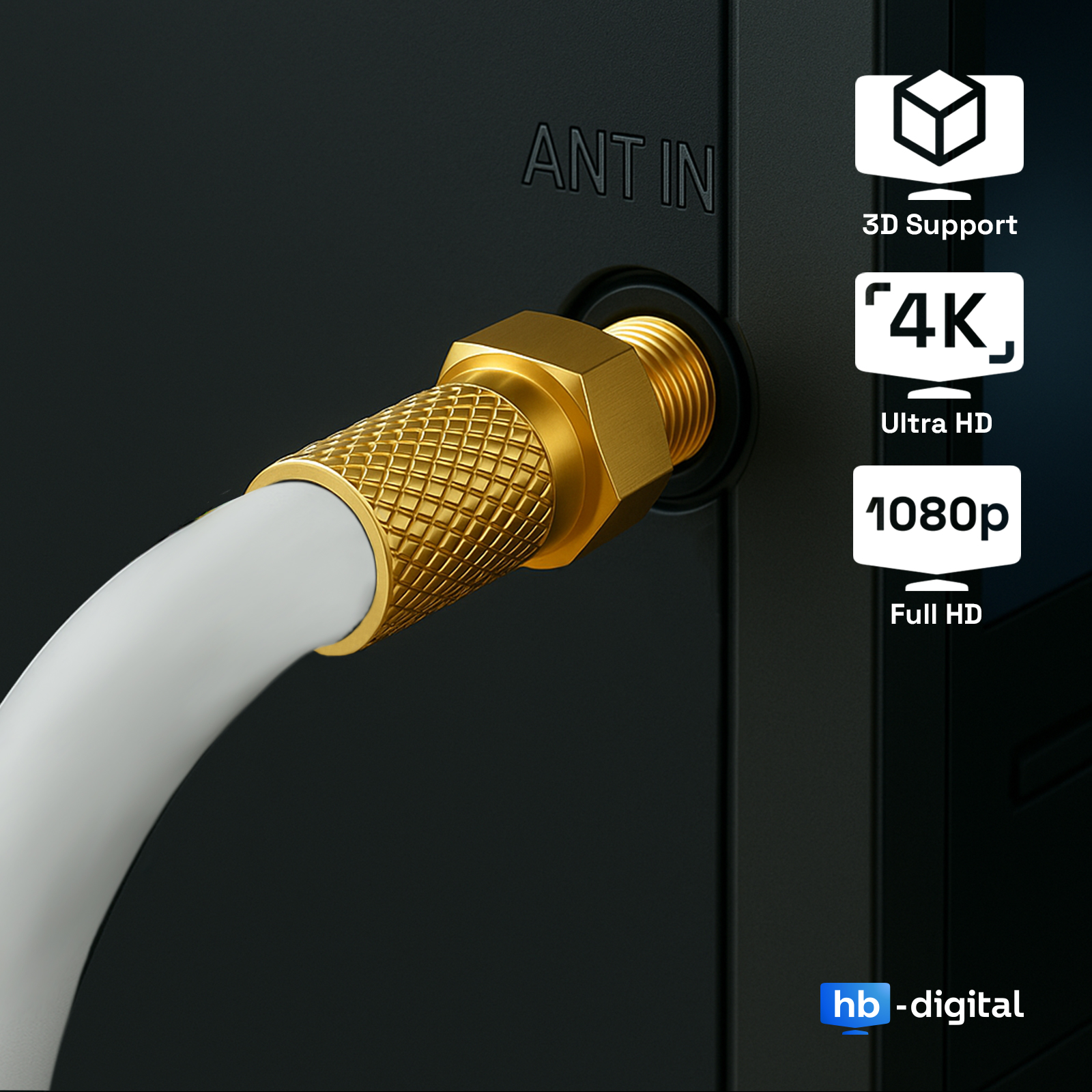 Nahaufnahme eines Koaxialkabels, das an ein schwarzes Gerät mit 'ANT IN' angeschlossen ist. Etiketten zeigen 3D, 4K und 1080p-Symbole.