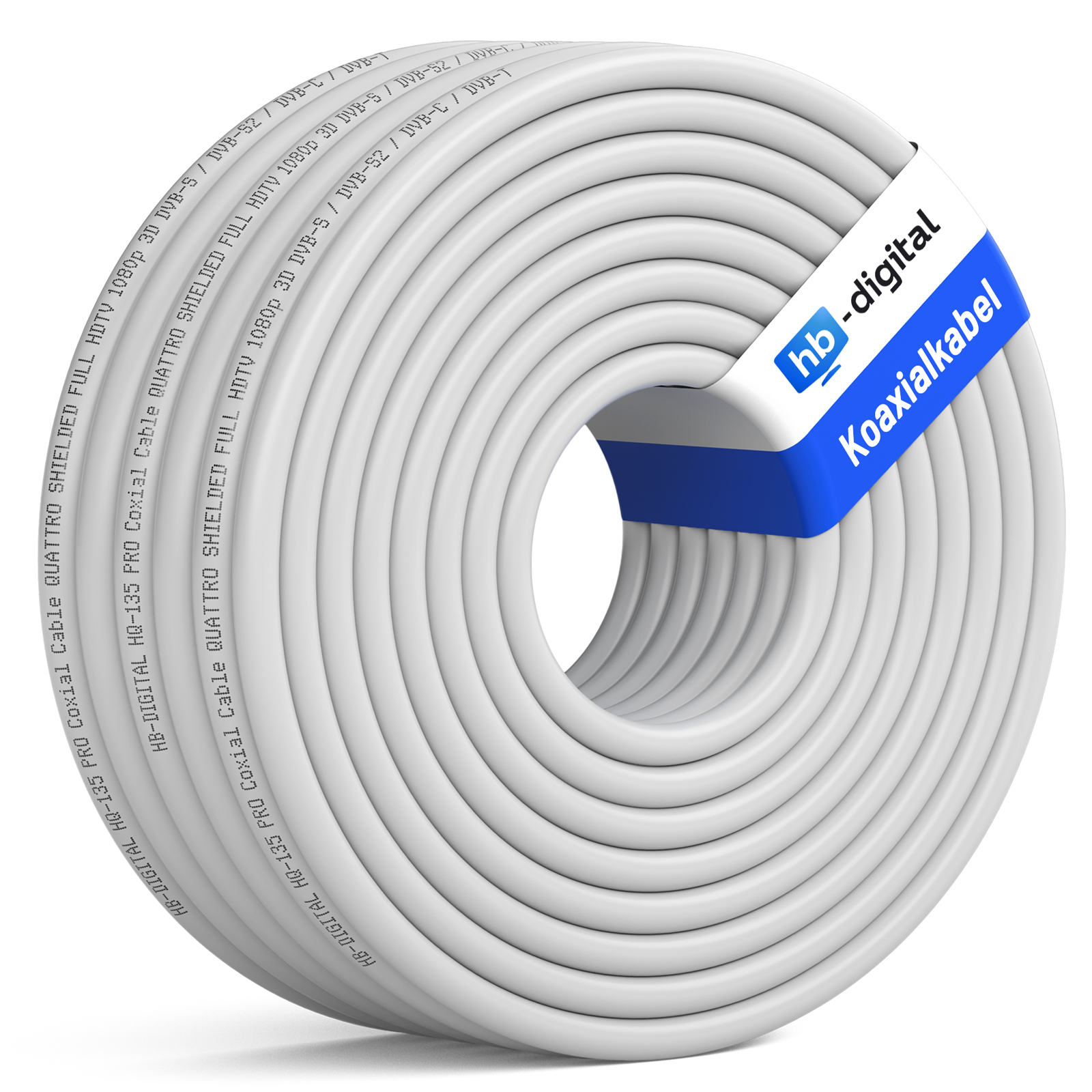 Eine Rolle weißes Koaxialkabel mit einem blau-weißen Etikett, das darauf hinweist, dass es sich um ein Koaxialkabel handelt.