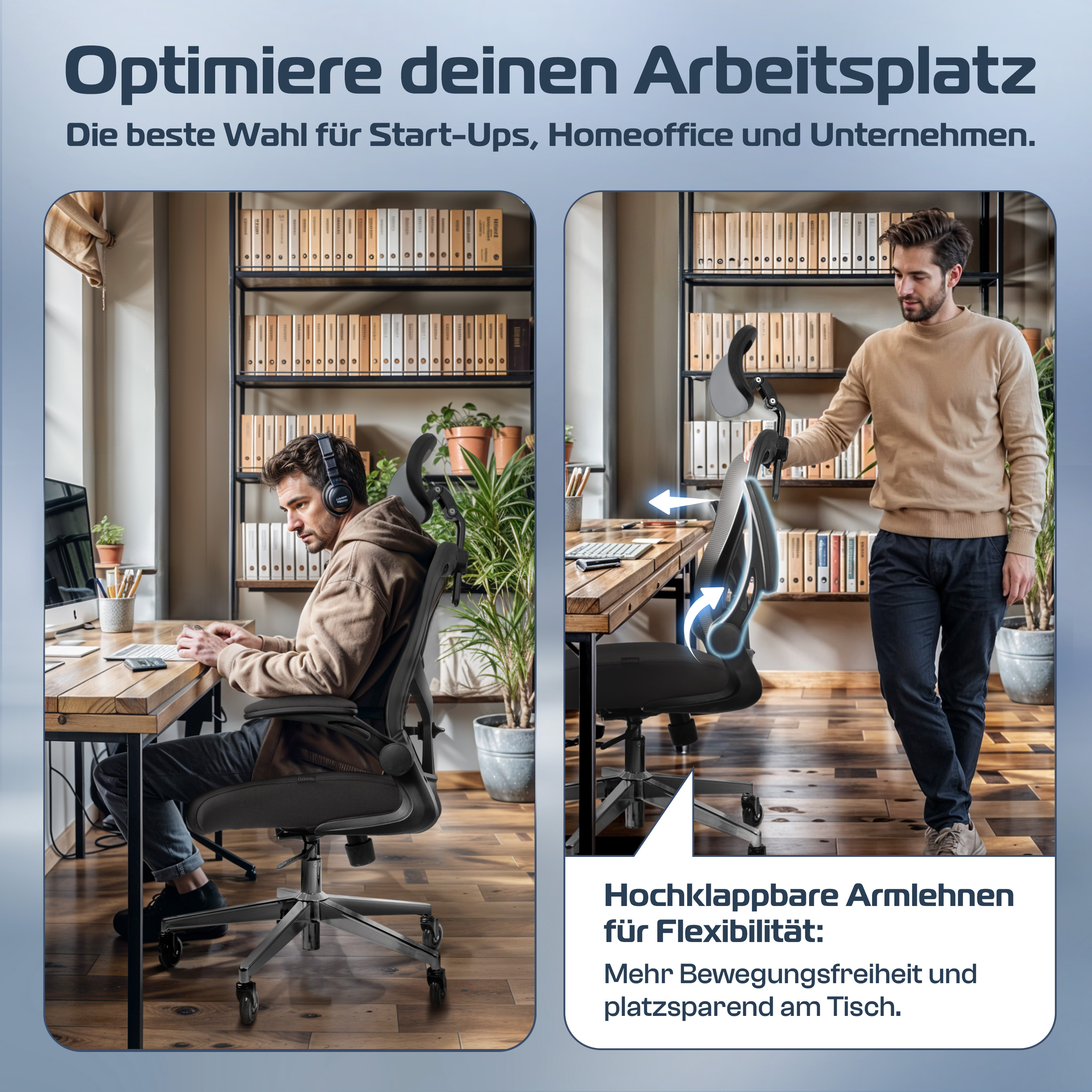 Bild mit zwei Personen in einem Büro. Einer sitzt am Schreibtisch, der andere stellt Stuhl ein.