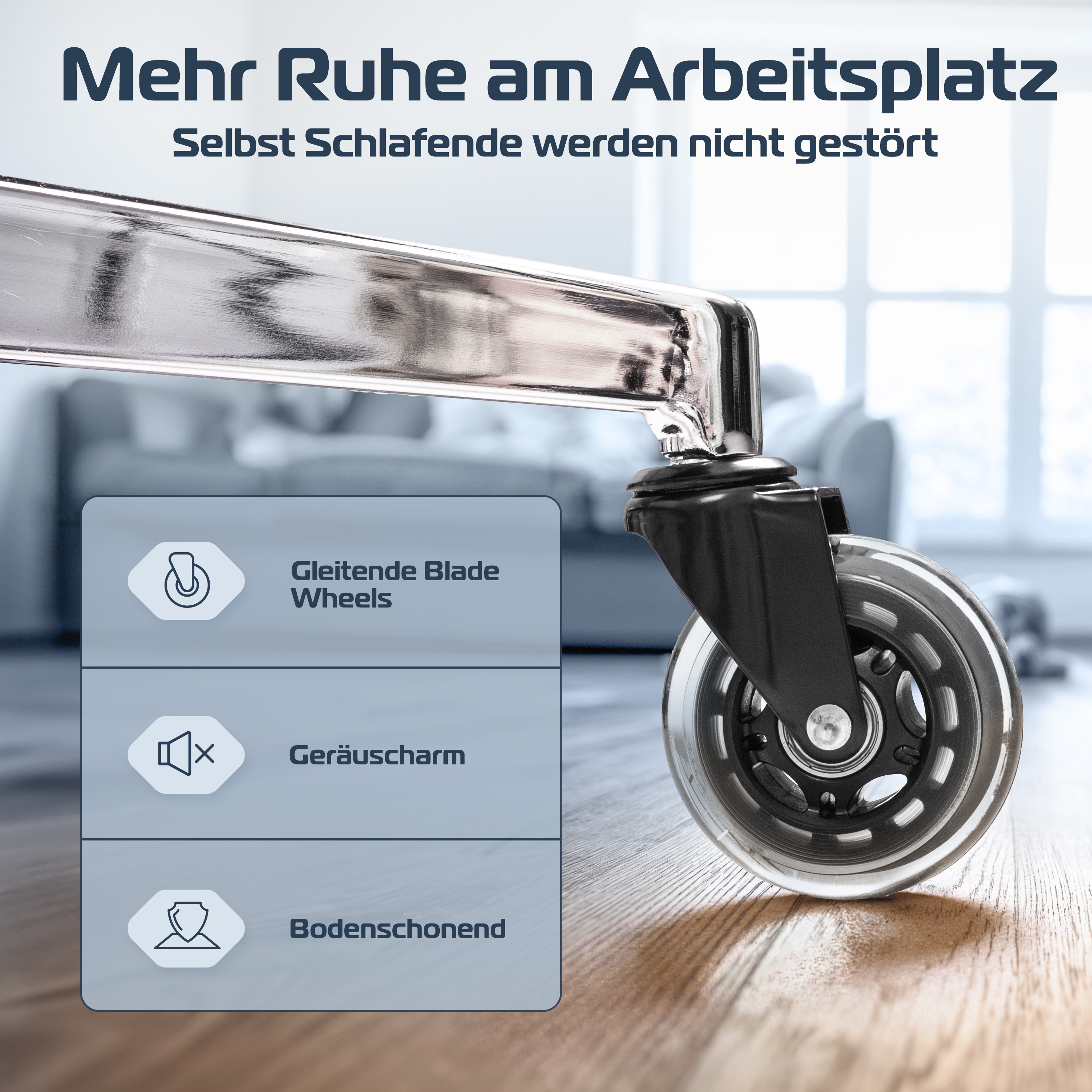 Nahaufnahme eines Stuhlrads. Merkmale sind: Gleitende Rollen, geräuschlos und bodenschonend. Blaue Symbole.