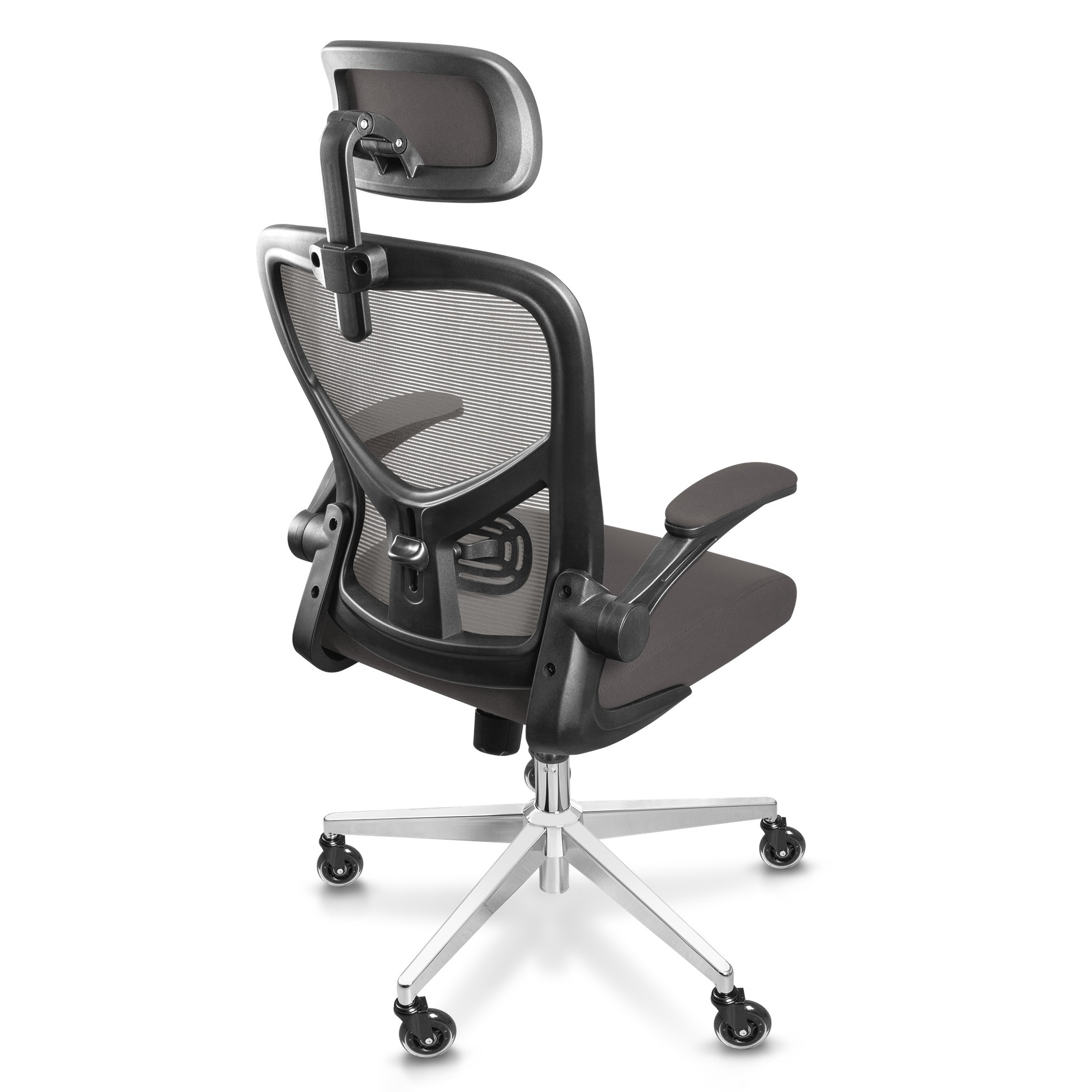 Ergonomischer Bürostuhl, Rückansicht. Schwarzer Netzrücken und grauer Sitz, mit Kopfstütze. Der Stuhl steht auf Rollen.