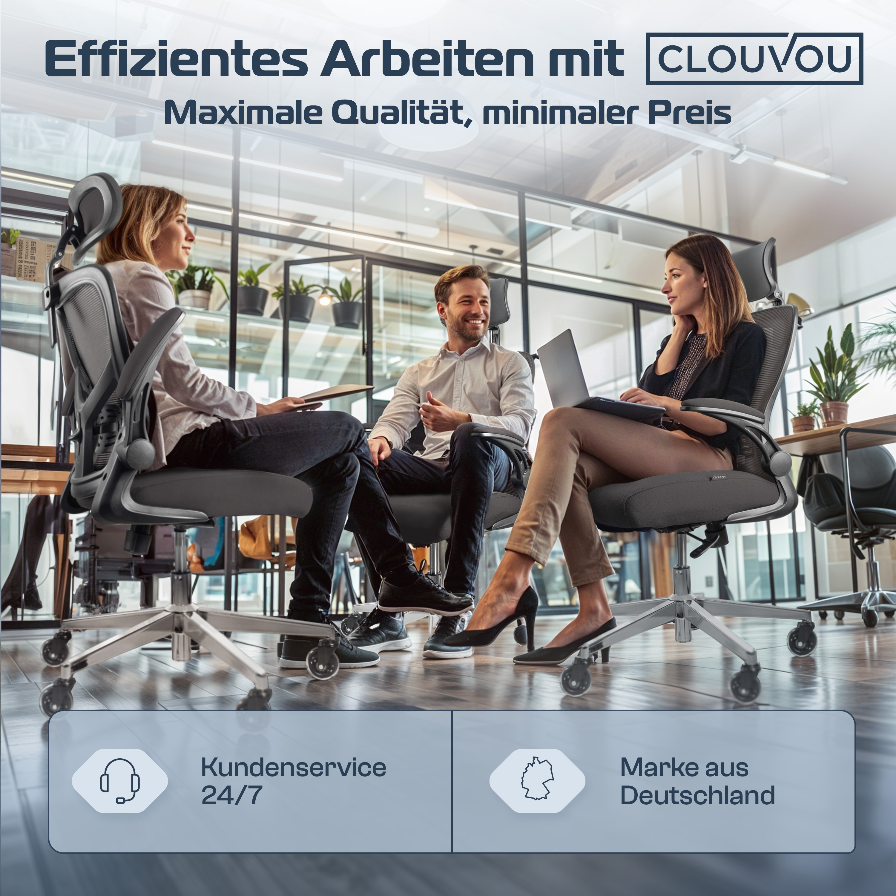 Drei Personen in einem Büroumfeld, die in grauen ergonomischen Stühlen sitzen und an einem Laptop arbeiten.