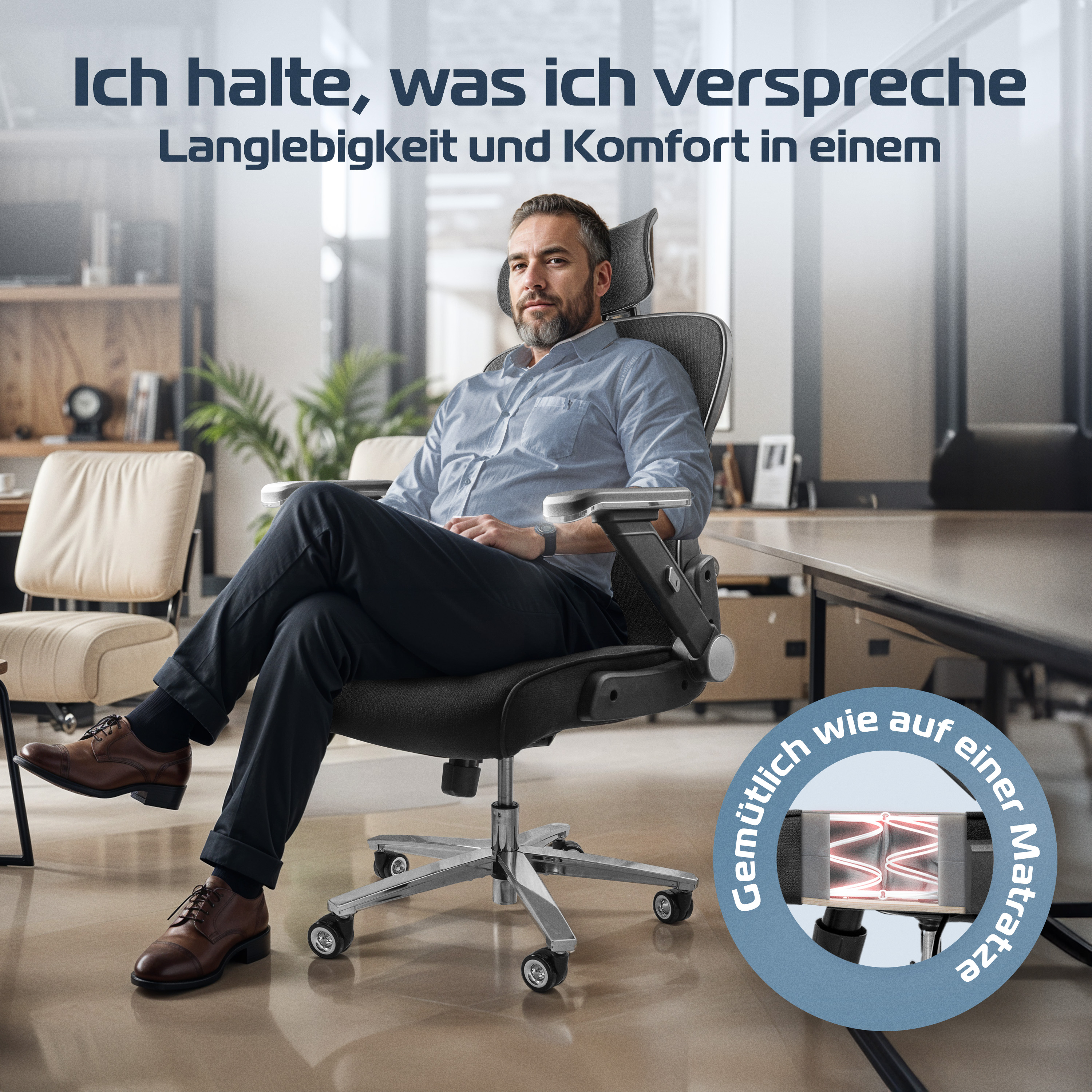 Mann sitzt bequem in einem schwarzen Bürostuhl, umgeben von einem Schreibtisch und einem Fenster mit Licht.