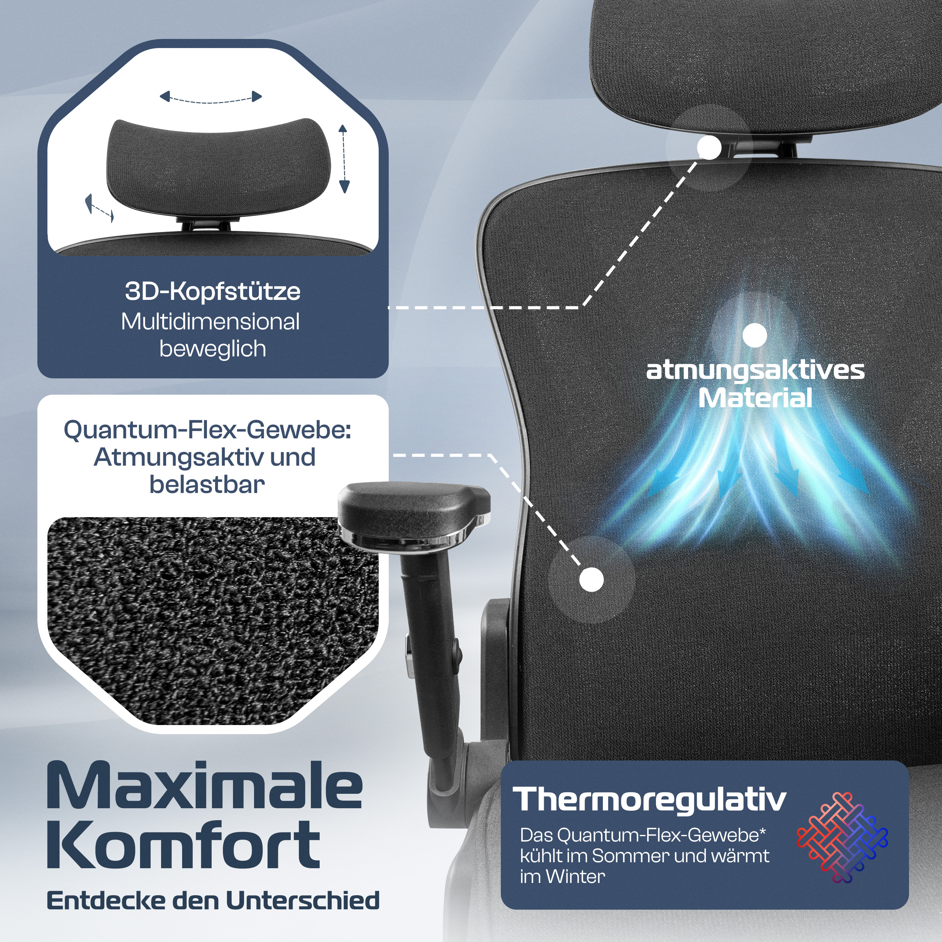 Nahaufnahme eines Bürostuhls, der die Kopfstütze, atmungsaktives Material und Text über Komfort und Thermoregulierung zeigt.