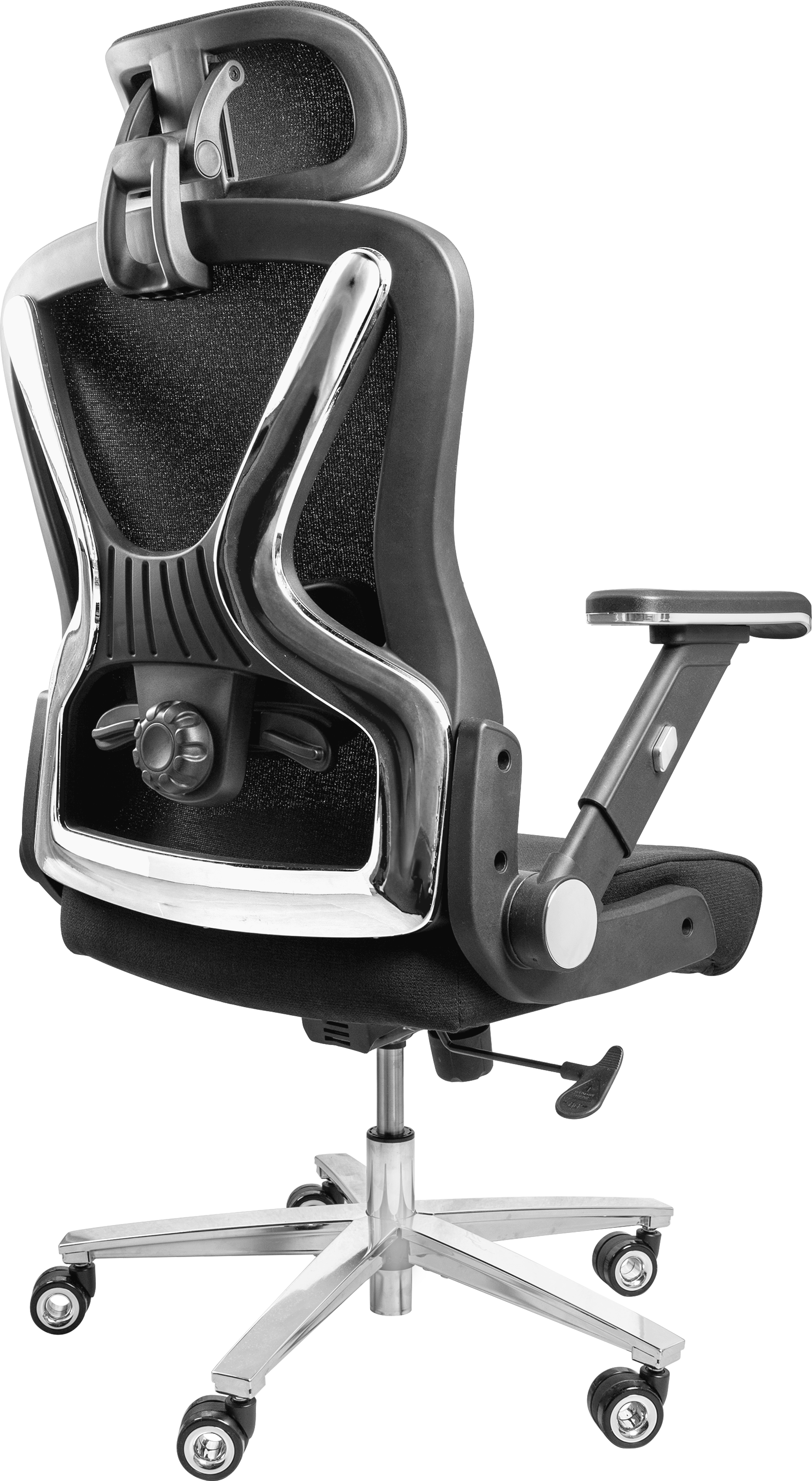 Schwarzer ergonomischer Bürostuhl, Rückansicht, verstellbare Armlehnen und Kopfstütze.